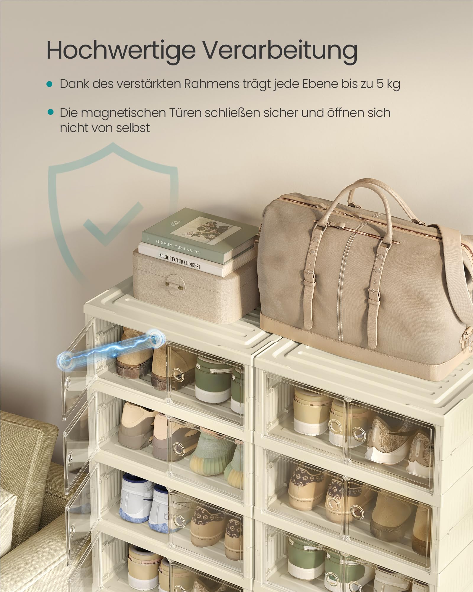 SONGMICS Schuhschrank, schmal, faltbar, Schuhregal, Organizer, transparente Tür, für 12 Paar, für Stiefel, Turnschuhe, Flur, Wohnzimmer, 6 Ebenen, Cremeweiß LSP912WD01