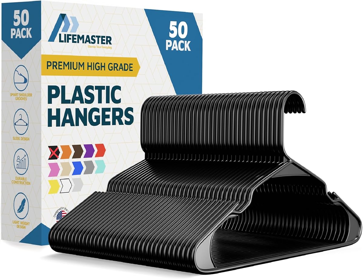 Lifemaster Plastic Clothes Hanger Set - 50 Pieces Versatile, Lightweight, Space-Saving, Non-Slip, Slim Designed, Dry and Wet Clothes Hanger Set - Black