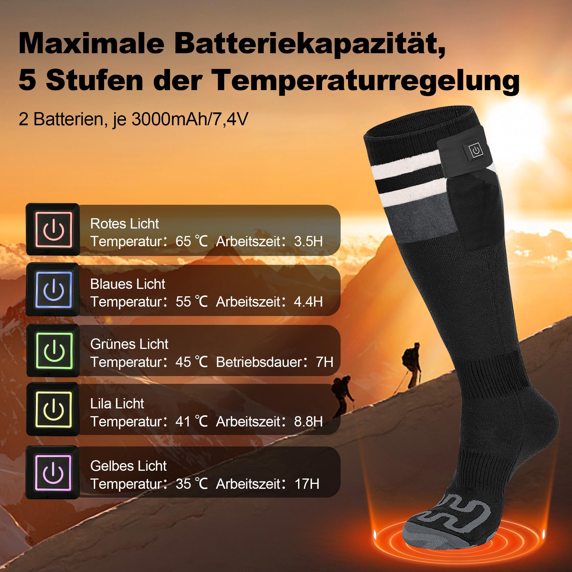 Calze Riscaldate 7.4V 6000mAh Calze Riscaldate a Batteria, Scaldapiedi con Controllo APP 5 Temperature Regolabili, Guanti da Sci, per Sci Invernali, Moto, Ciclismo