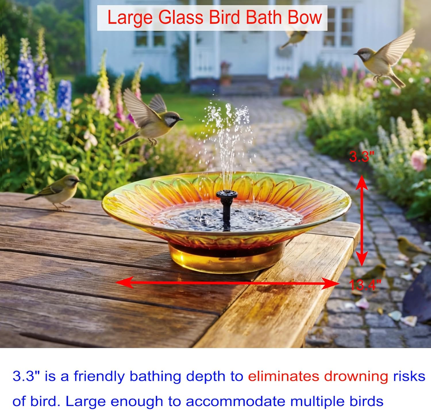 13.4" W Glass Solar Bird Baths for Outside on Ground, Table Top Bird Bath with Solar Fountain for Outdoor