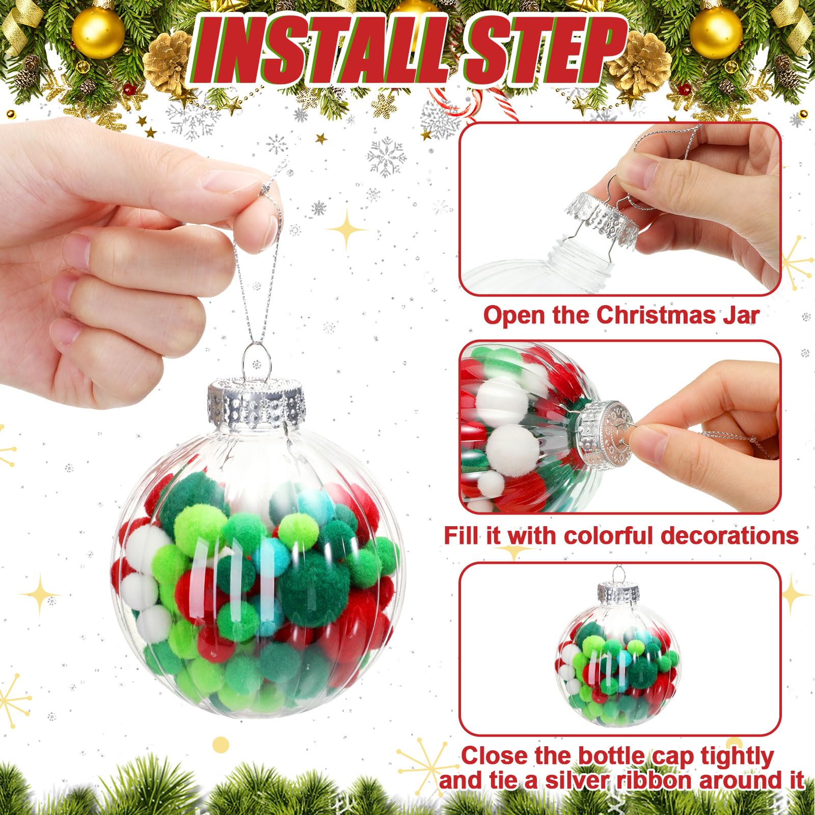 Liliful 50 Pcs Christmas Clear Plastic Ornaments Fillable Ornaments Hanging Clear Christmas Balls DIY Christmas Ornaments with Screw Off Caps and Silver Rope for Home Tree Party Decoration(Round)