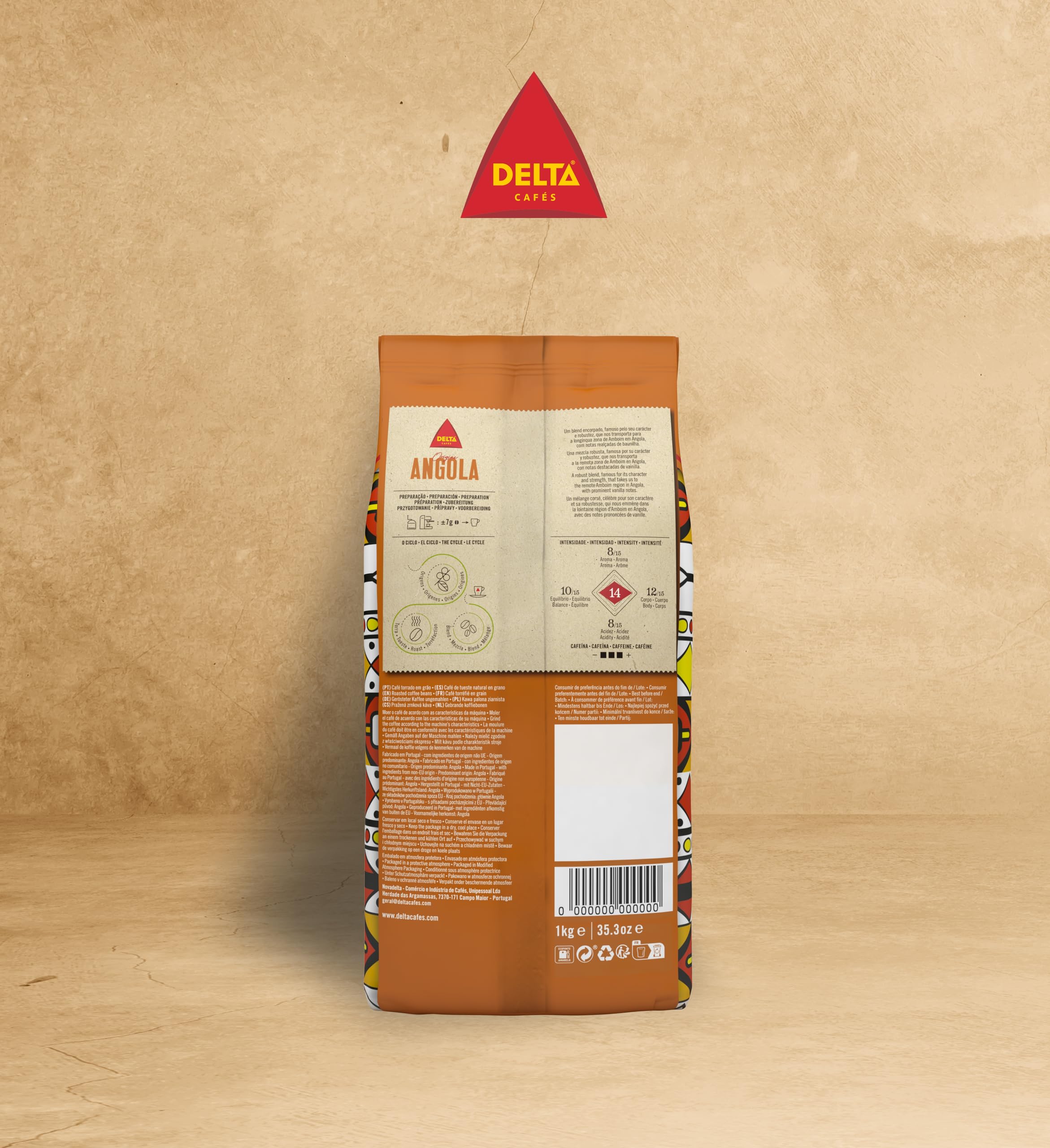 Delta Cafés Angola Caffè in Grani 1kg – Miscela Arabica & Robusta a Tostatura Naturale, Intensità 14, Chicchi Espresso Forti e Corposi