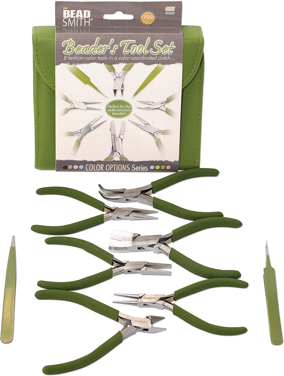 The Beadsmith Fashion Color Pliers – Set of 8 Slimline Color-Coordinated Tools – Matching Clutch in Olive – Jewelry Making Supply Kit to Create Necklaces, Bracelets, Earrings & More