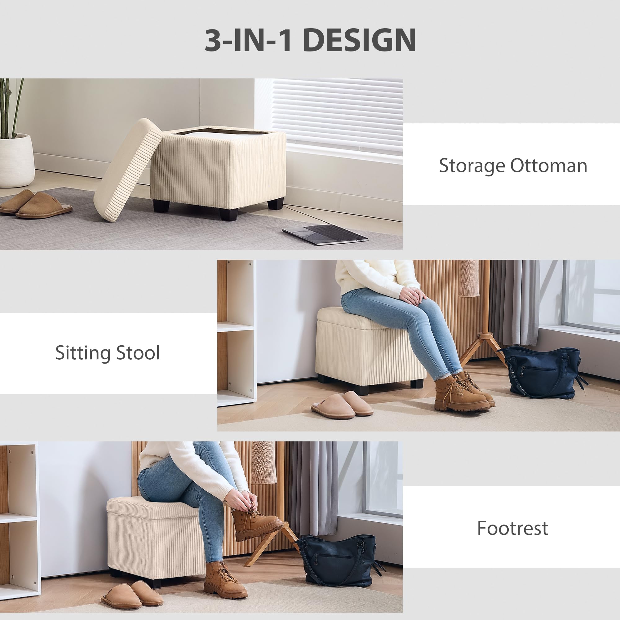 HOMCOM 40 cm quadratische Ottomane Aufbewahrungsbox mit abnehmbarem Deckel, gepolsterter Cord-Fußhocker, Fußstütze für Wohnzimmer, Schlafzimmer, Eingangsbereich, Beige