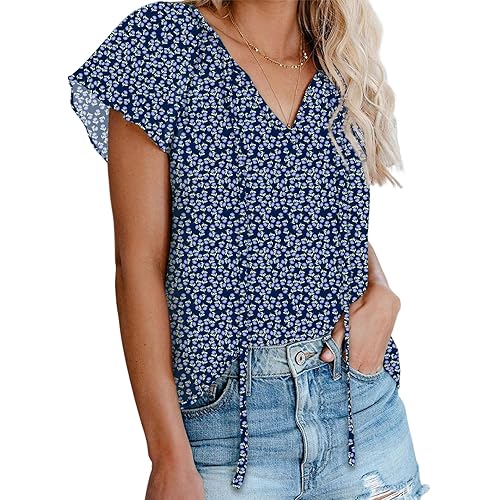 Dokotoo Women's Casual Boho Floral Printed V Neck Tops Drawstring Short Long Sleeve T Shirt Blouses