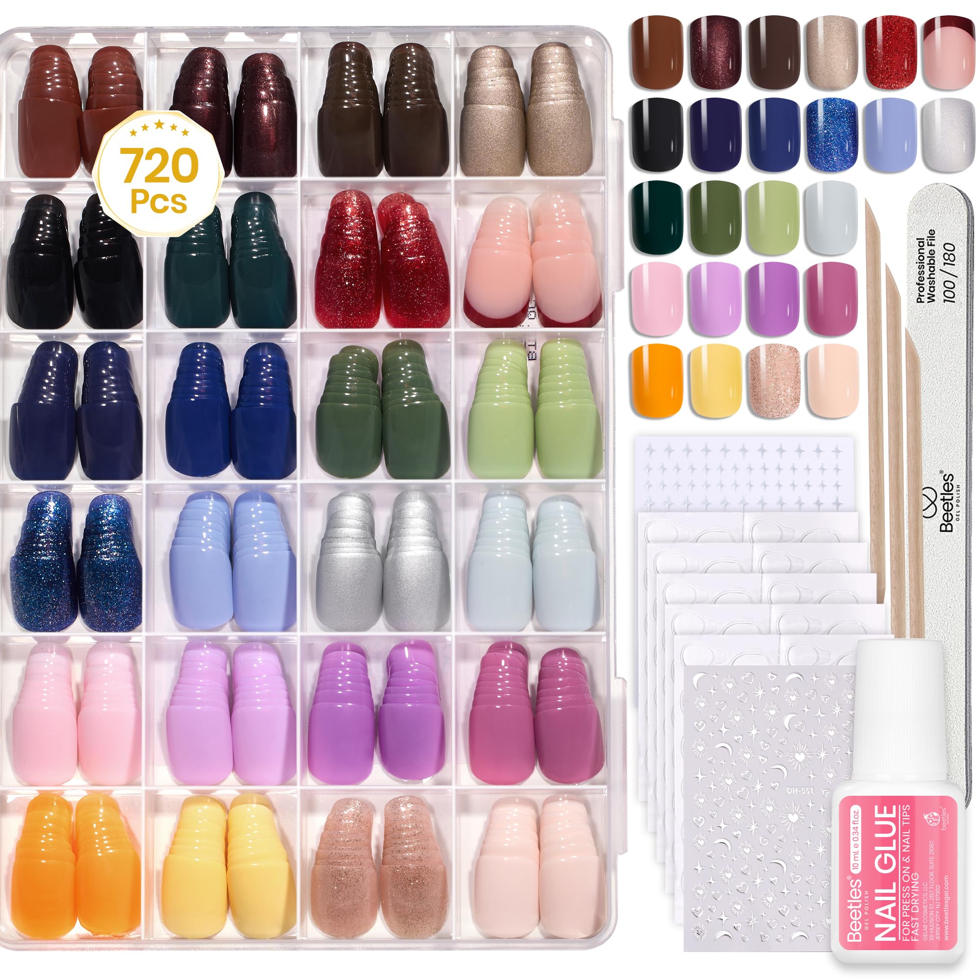 Beetles Gel Polish Beetles Press On Nails Kit - Funfetti | 720Pcs 24 Colors Short Square Press On Nails | 15 Sizes French Glossy Glitter With Nail Glue & Nail Tabs Stickers, Fake Nails Kit Art For Women