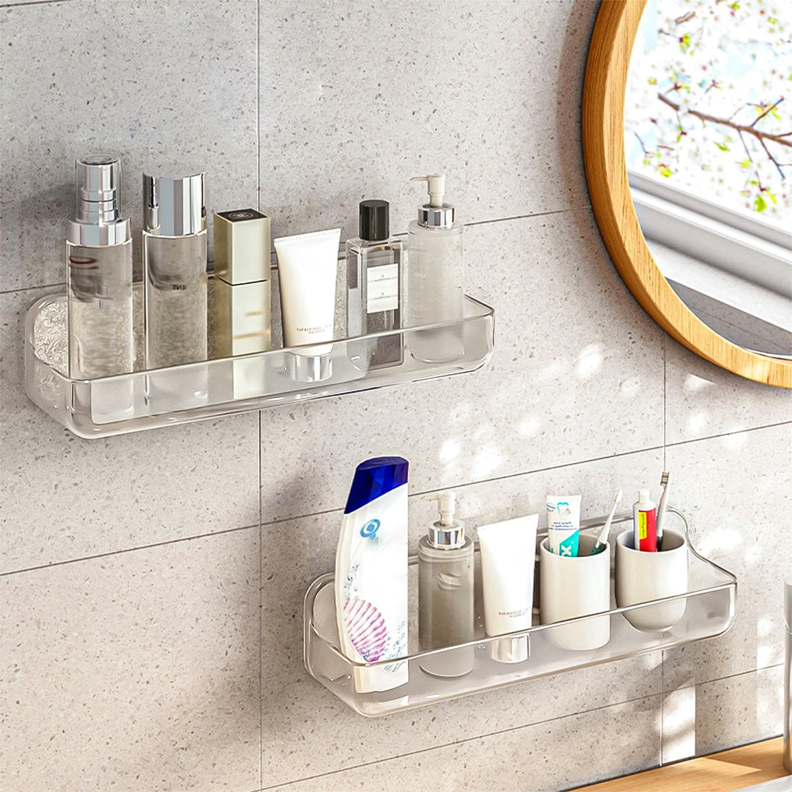 Diesisa 2 Pezzi Mensola Doccia Senza Foratura, Mensole Bagno a Parete, Porta Oggetti Doccia Adesive, Organizer Doccia Asciugatura Rapida, Porta Bagnoschiuma da Doccia per Bagno (Lungo-Trasparente)