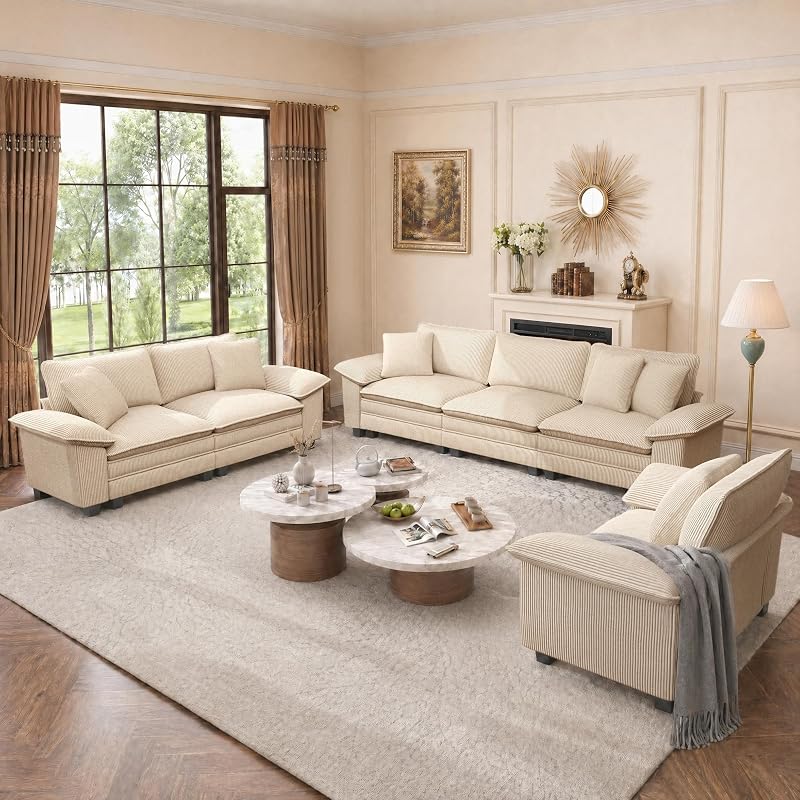 PHI VILLA 3-Piece Modular Sofa Set with 3-Seat Couch & Loveseat & Armchair | Corduroy Beige, Comfy Wider Armrest, Oversized Deep Seat, Solid Wood Frame, Modern Cloud Couches Living Room Furniture Set