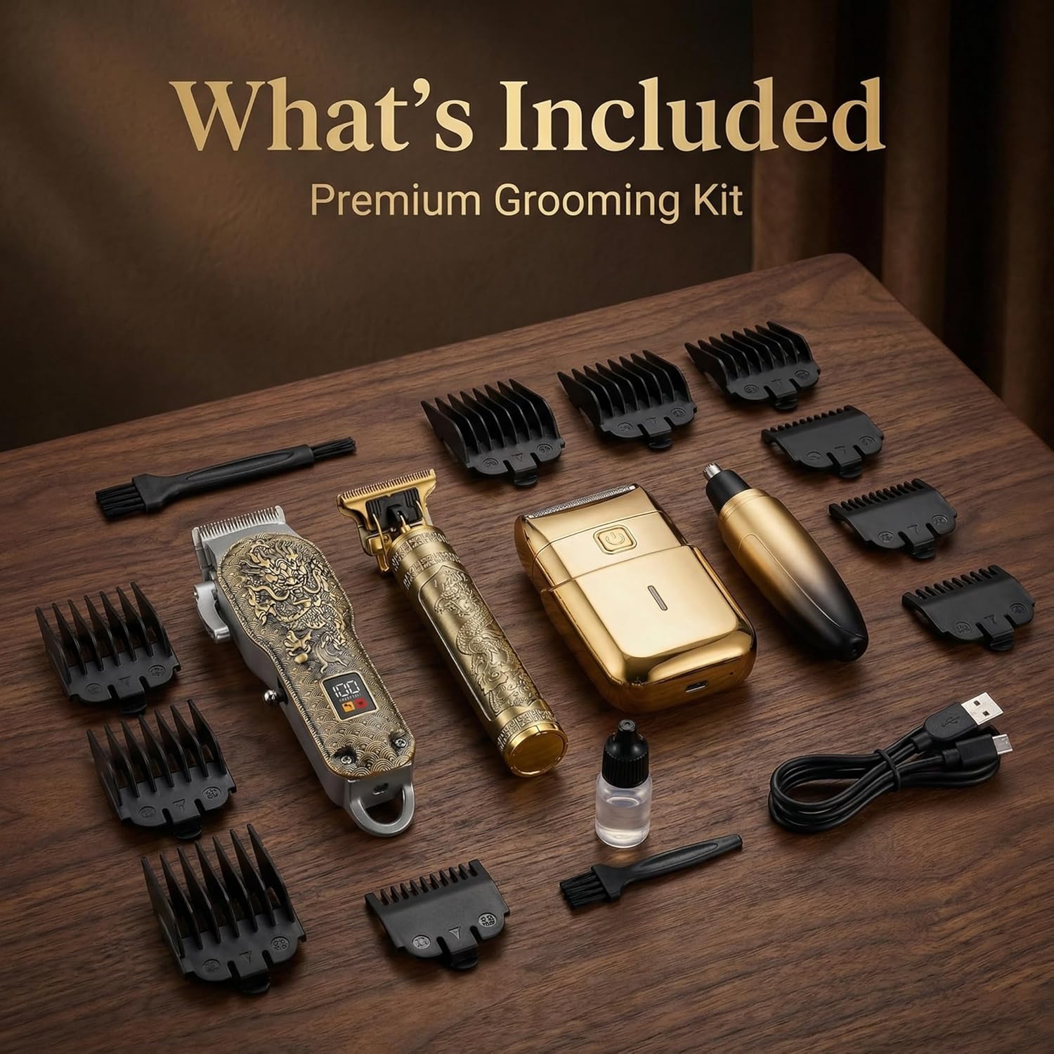 Professional Hair Clippers for Men, Cordless Barber Trimmer Set with Replaceable Heads, Hair Clippers Set for Men, Water Resistant Shaver Beard Trimmer Grooming Kit