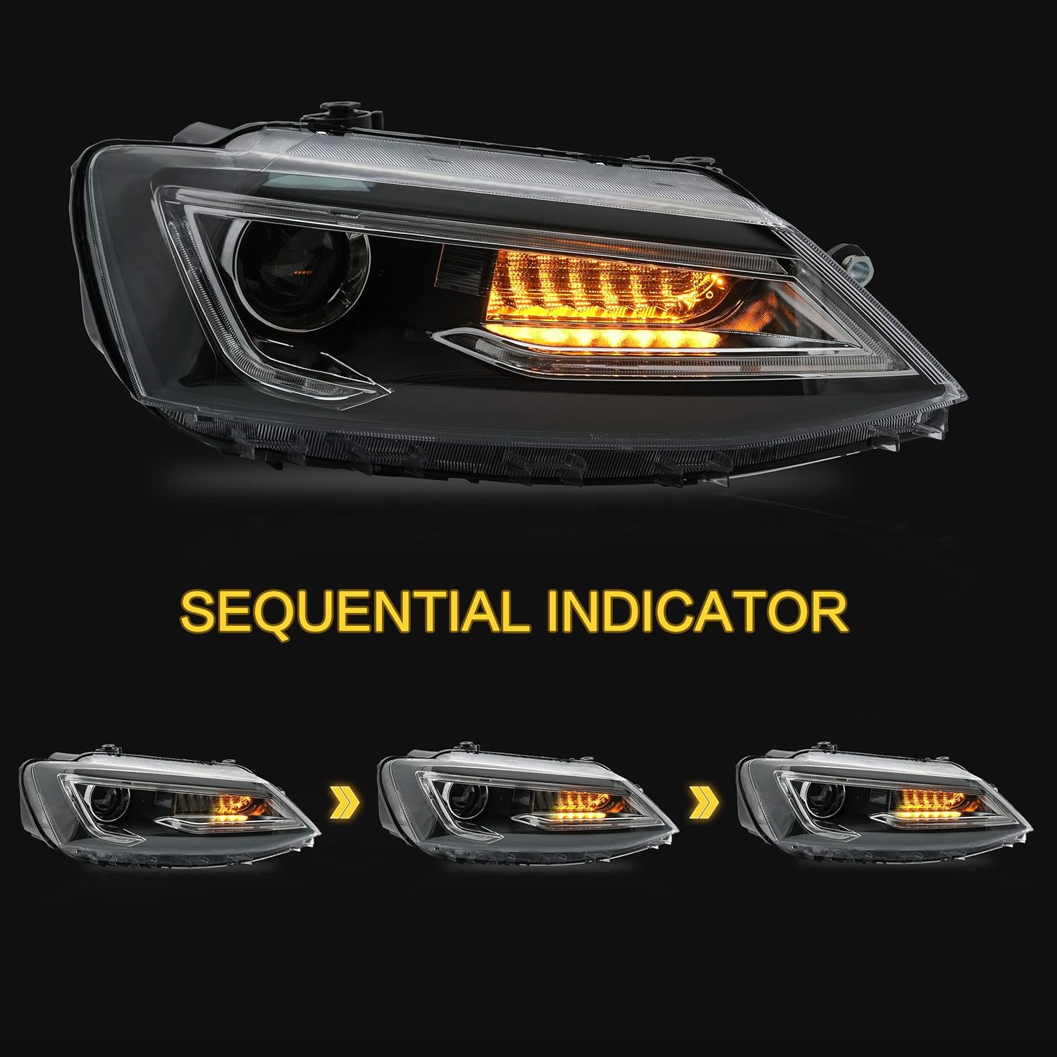 VLAND Headlights Assembly Fit for Jetta 2012-2018 (NOT for GLI) W/DRL, LED Front light with Sequential Turn Signal, Plug-n-Play Headlamp