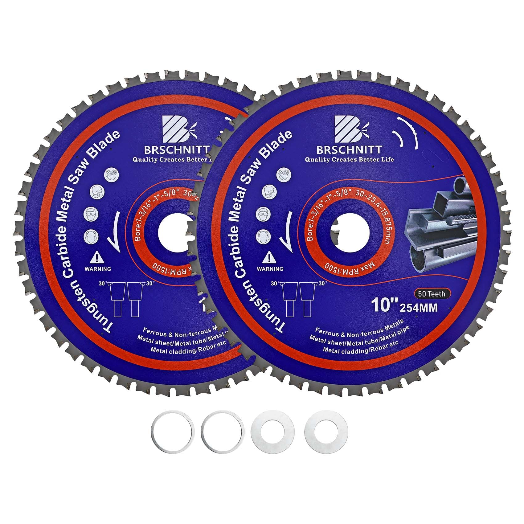 254MM Metal Cutting Circular Saw Blade - BRSCHNITT 2pcs Tungsten Carbide Tipped TCT Saw Blades for Iron, Iron Pipe, Ferrous Metals 50T Arbor:30/25.4/15.875MM