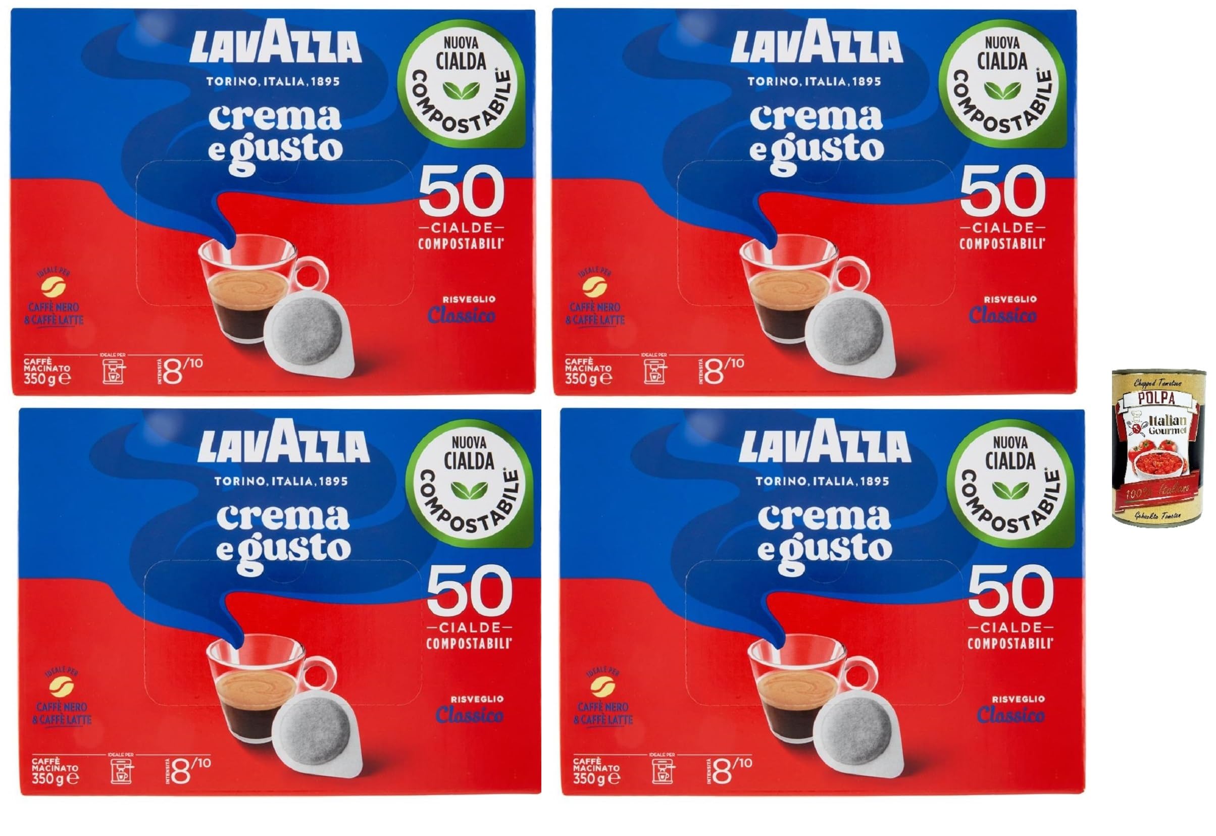 Italian Gourmet Bundle Kaffee-Pads Crema e Gusto 4x 50 Cialde + Italian Gourmet Polpa Gratis – Italienische kompostierbare Kaffeepads, gemahlener Kaffee, Intensität 8/10, 200 Pads & Vorrat 1,4kg