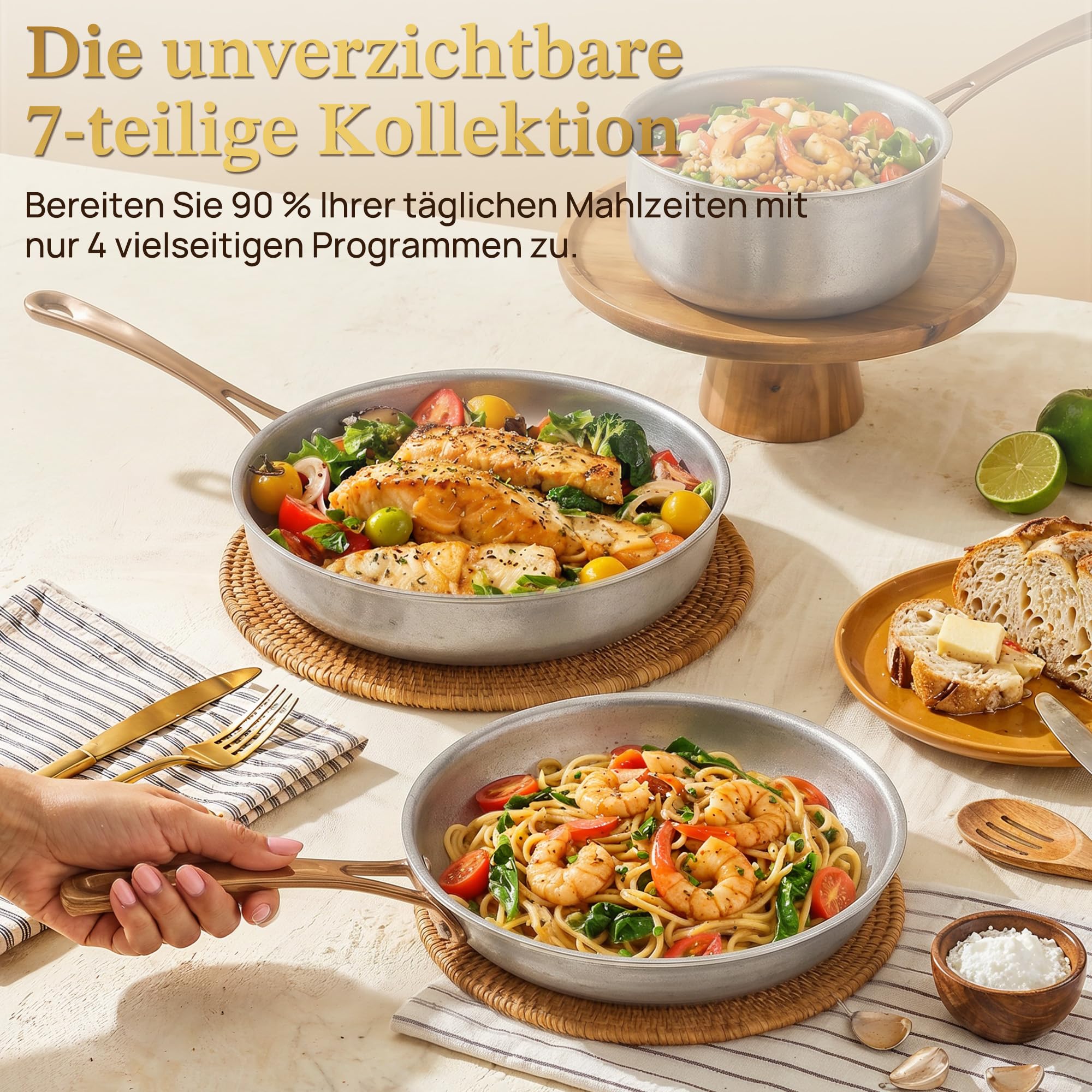 KOKHUB Edelstahl Pfannenset 7-teiliges, Retro Topfset Induktion mit Deckel | Kochtopf Set Unbeschichtete, Tri-Ply Edelstahlpfanne Set, Einfache Handhabung und Reinigung, Backofenfest