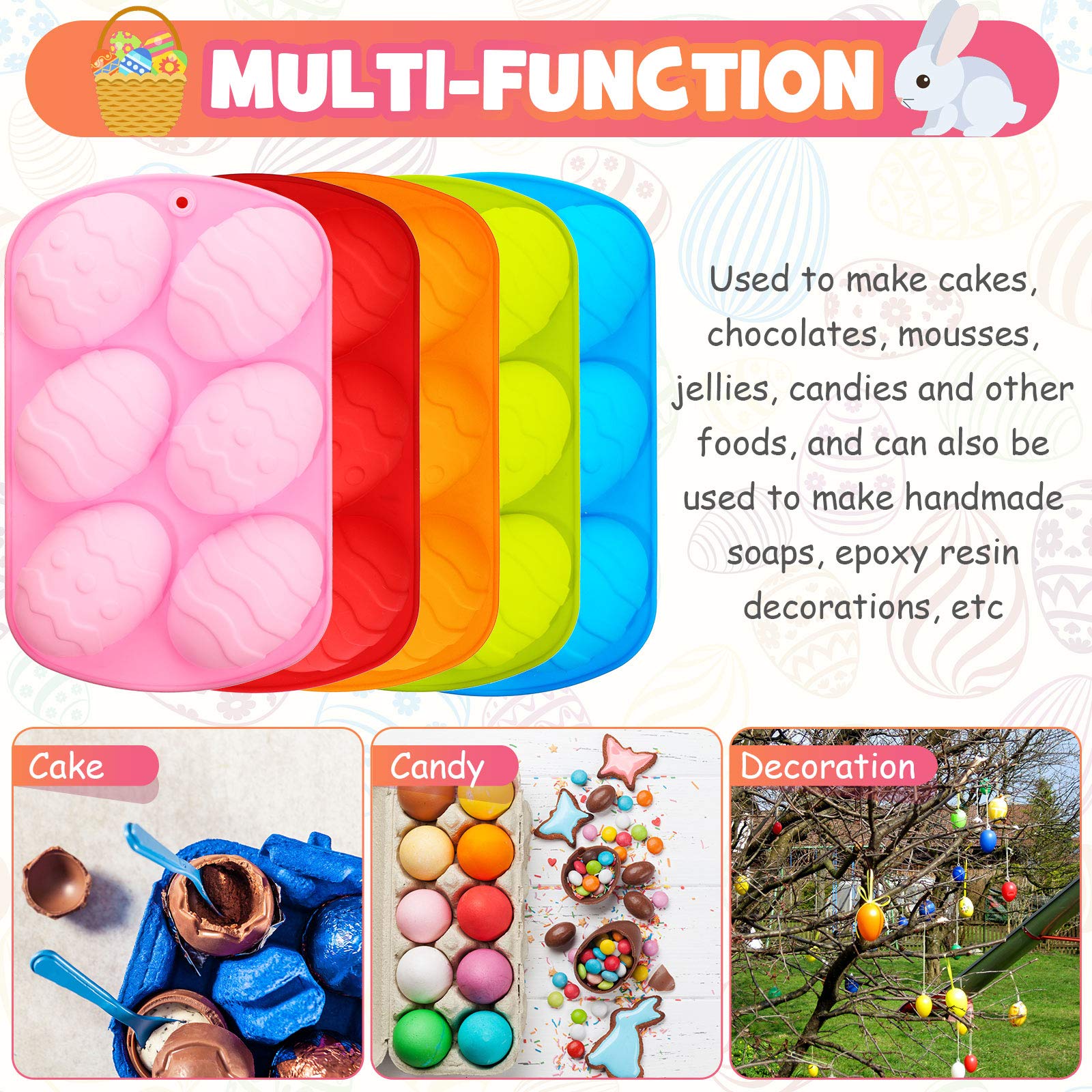 Patelai 5 Pieces Easter Egg Chocolate Candy Molds Easter Egg Shaped Silicone Cake Molds Silicone Trays with 2 Pieces Wooden Hammer for Candy Chocolate Handmade Soap and Ice Cube Hunt Games Supplies