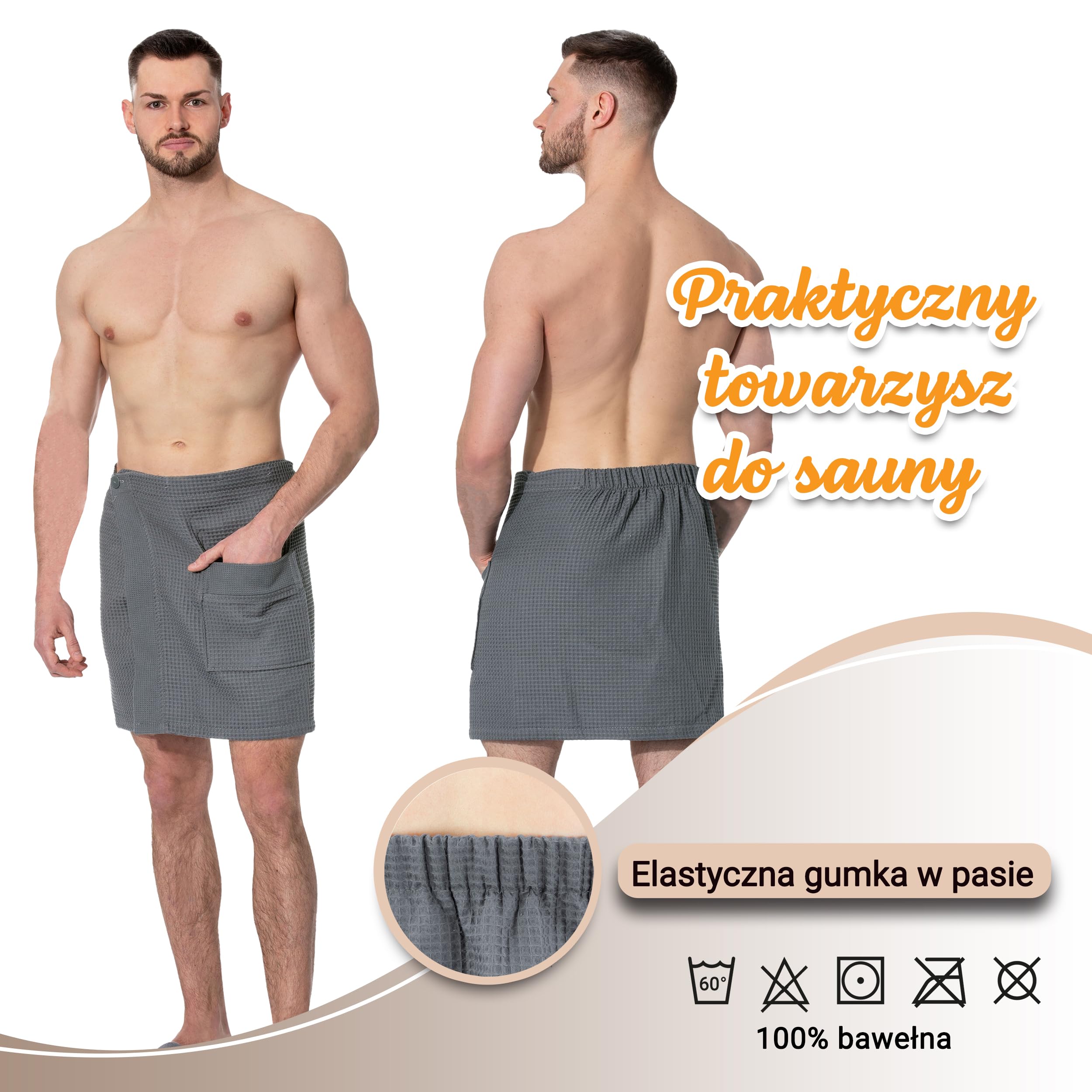 ZOLLNER Męski kilt do sauny marki z tkaniny typu waffel-pique – szary – rozmiar uniwersalny – bawełna – można prać w temperaturze do 60°C – certyfikat Oeko-Tex®, 338