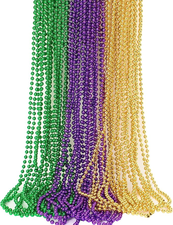 JULBEAR Bulk Mardi Gras Beads Necklaces, 30pcs Carnival Purple Green Gold Metallic