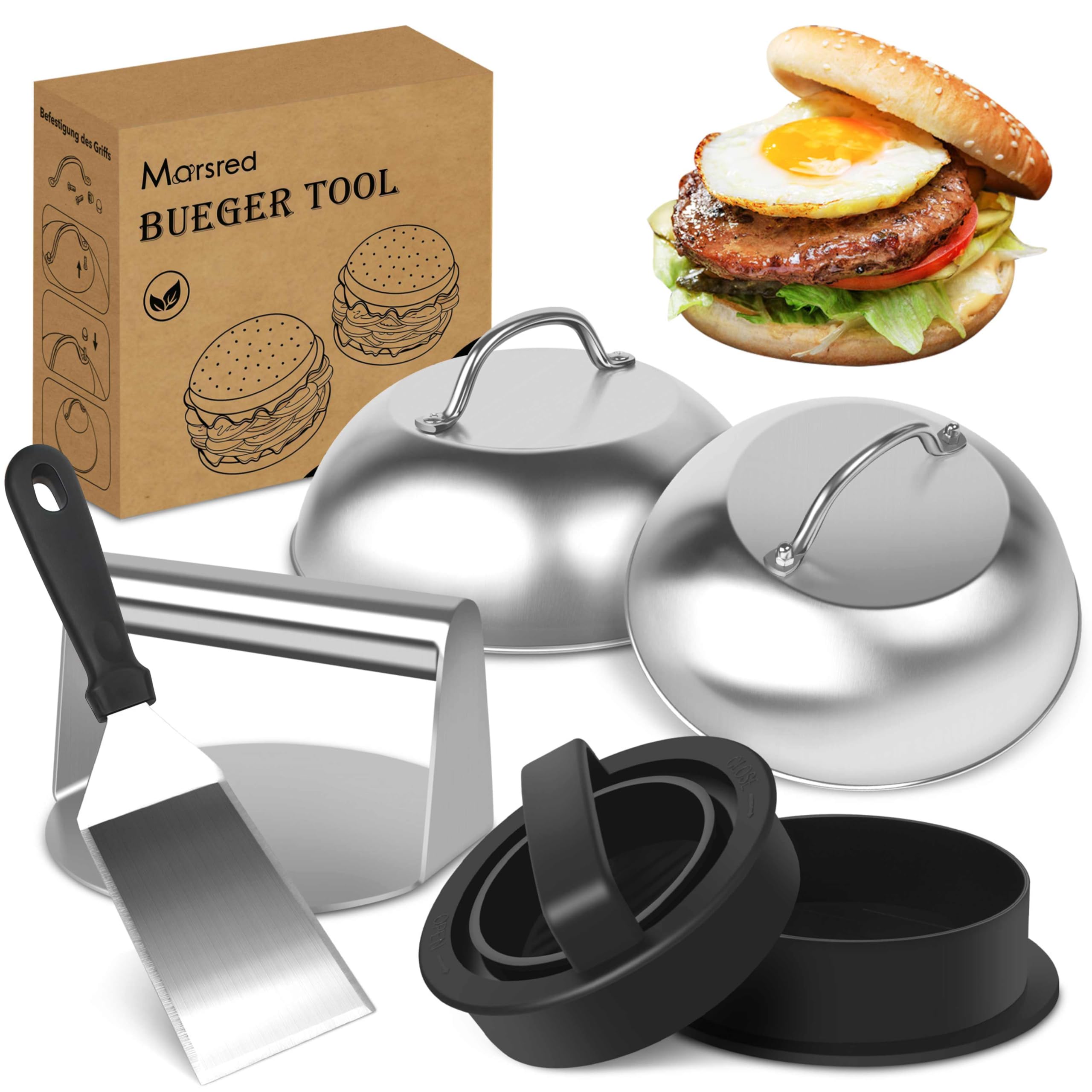 Burger Set, inkl. 2 Edelstahl Burgerglocken, Burgerpresse, Smasher, Pattywender, Komplettes Burger Grill Set für BBQ Plancha, Grillplatte, Gasgrill & Feuerplatte
