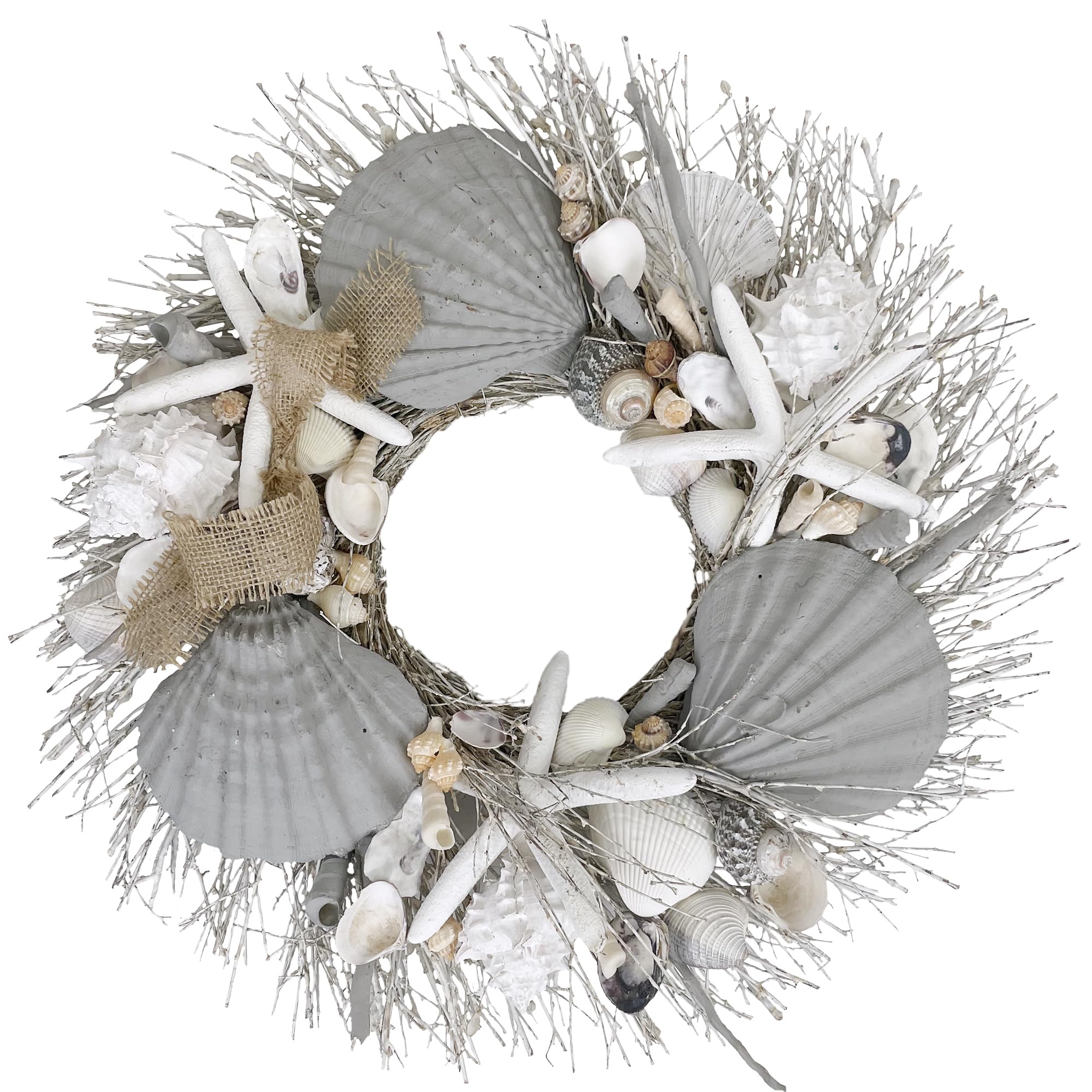 ANDALUCA Natural Seashells & Starfish 20" Coastal Beach Wreath (Grey)