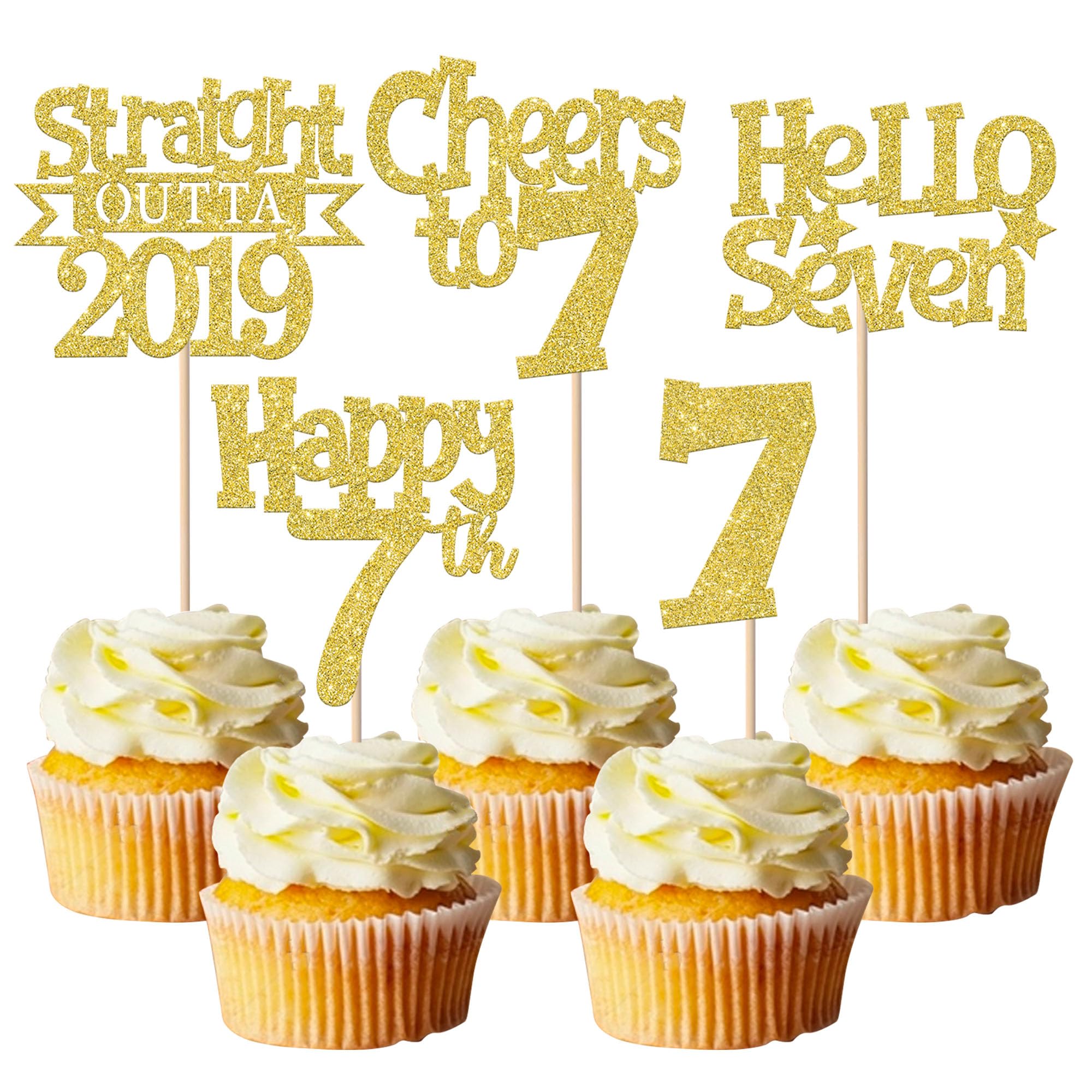 SYKYCTCY 30 Pack Straight Outta 2019 Cupcake Toppers Glitter Hello Seven Happy 7th Birthday Cupcake Picks Cheers to 7 Years Cake Decorations for Baby Shower 7th Birthday Party Supplies Gold