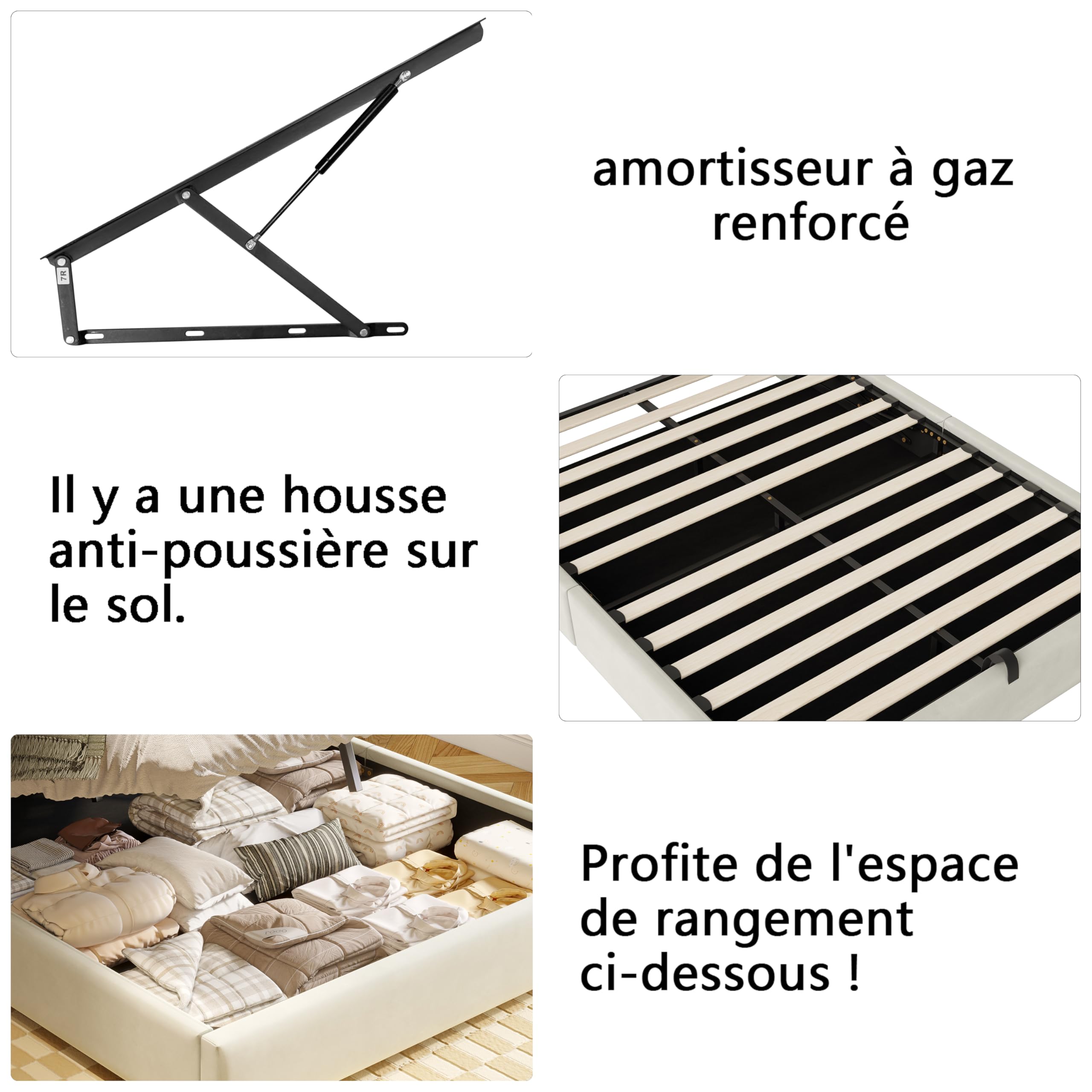 Letto Contenitore Matrimoniale 160x200 cm con LED e USB, Struttura Letto King Size con Alzata a Gas Idraulica, Letto Imbottito, Beige