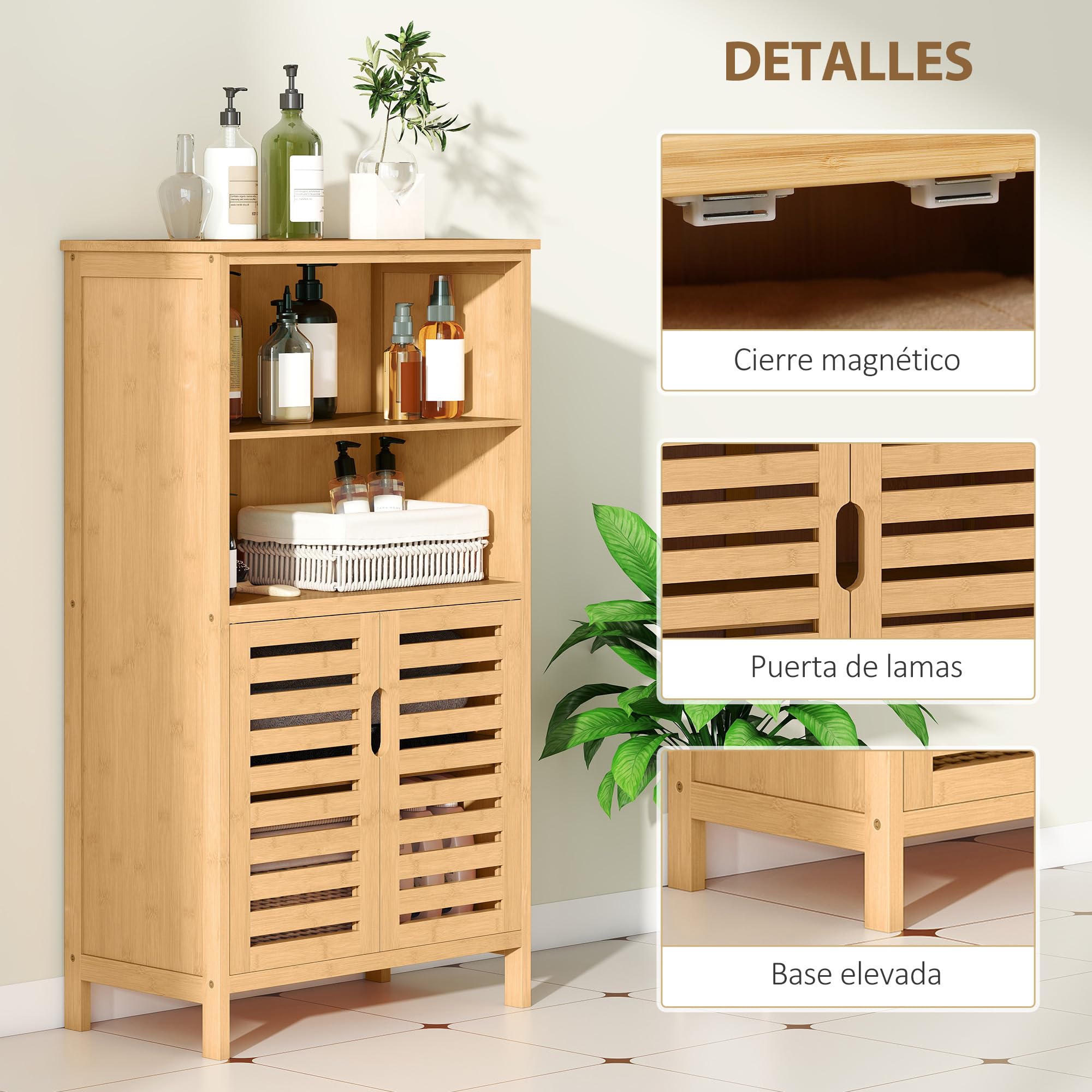 kleankin Mueble de Baño de Bambú Armario de Baño 50x29x92 cm Natural | 2 Puertas, 2 Estantes Abiertos, Patas Elevadas, Antivuelco