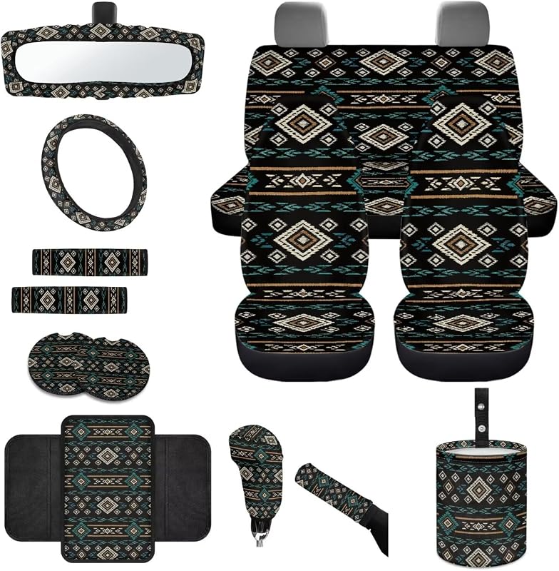 Kit de Capas e Acessórios Internos para Carro Wanyint Southwest Aztec Preto e Azul, 14 peças