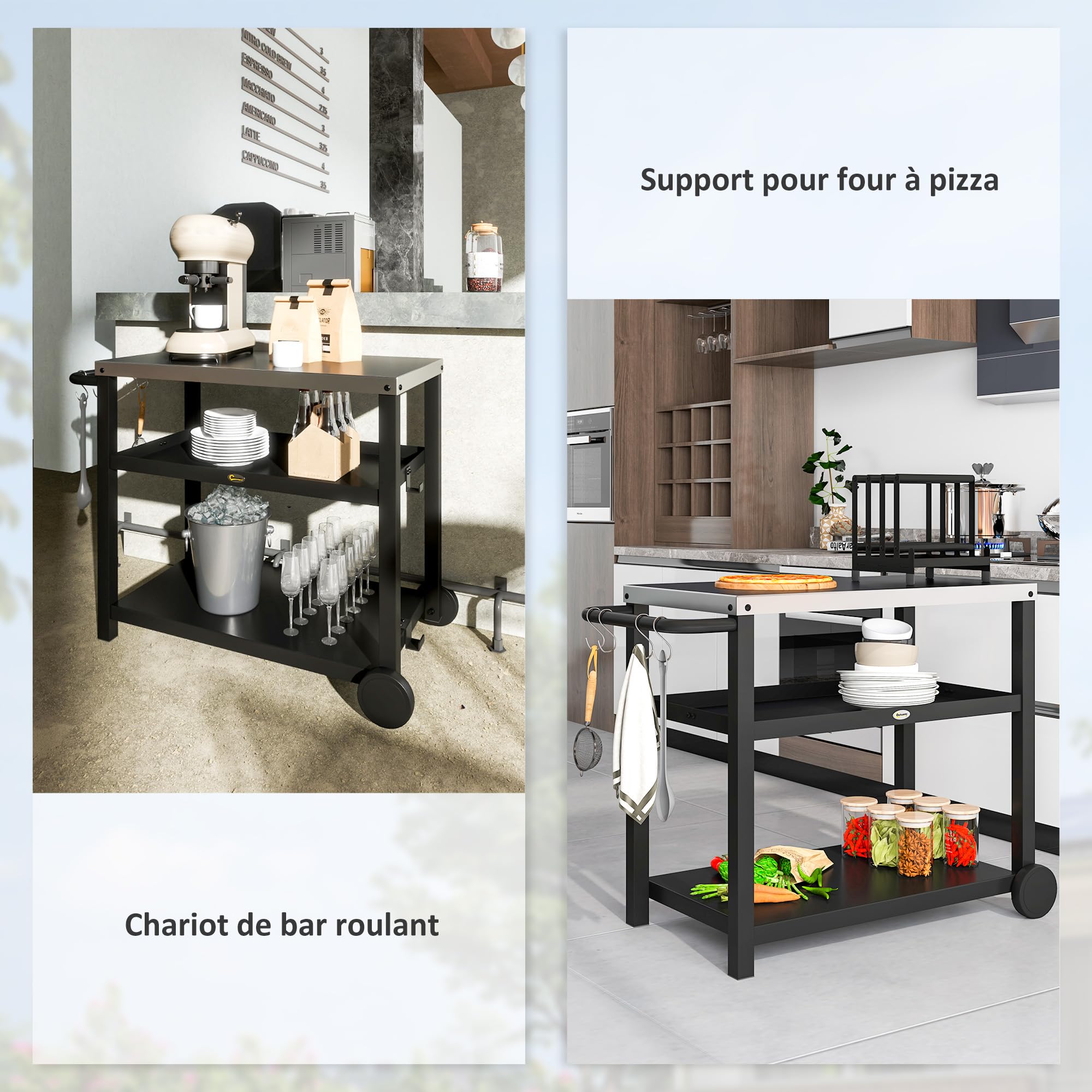 Outsunny Desserte plancha extérieure avec plan de travail en acier inoxydable, chariot de barbecue avec étagères, desserte de jardin avec crochets, porte-serviettes, 2 roues, 102x50x81cm, gris charbon