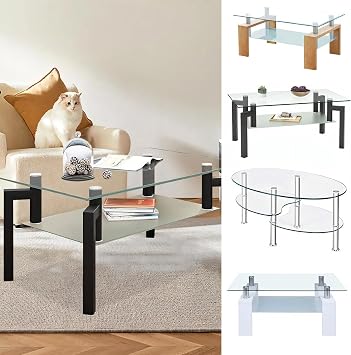 Coffee Table with Wood Tube Legs, Rectangle Glass Coffee Table Modern End Table, Side End Table with Lower Shelf for Living Room Guest Reception Room, Oak Color