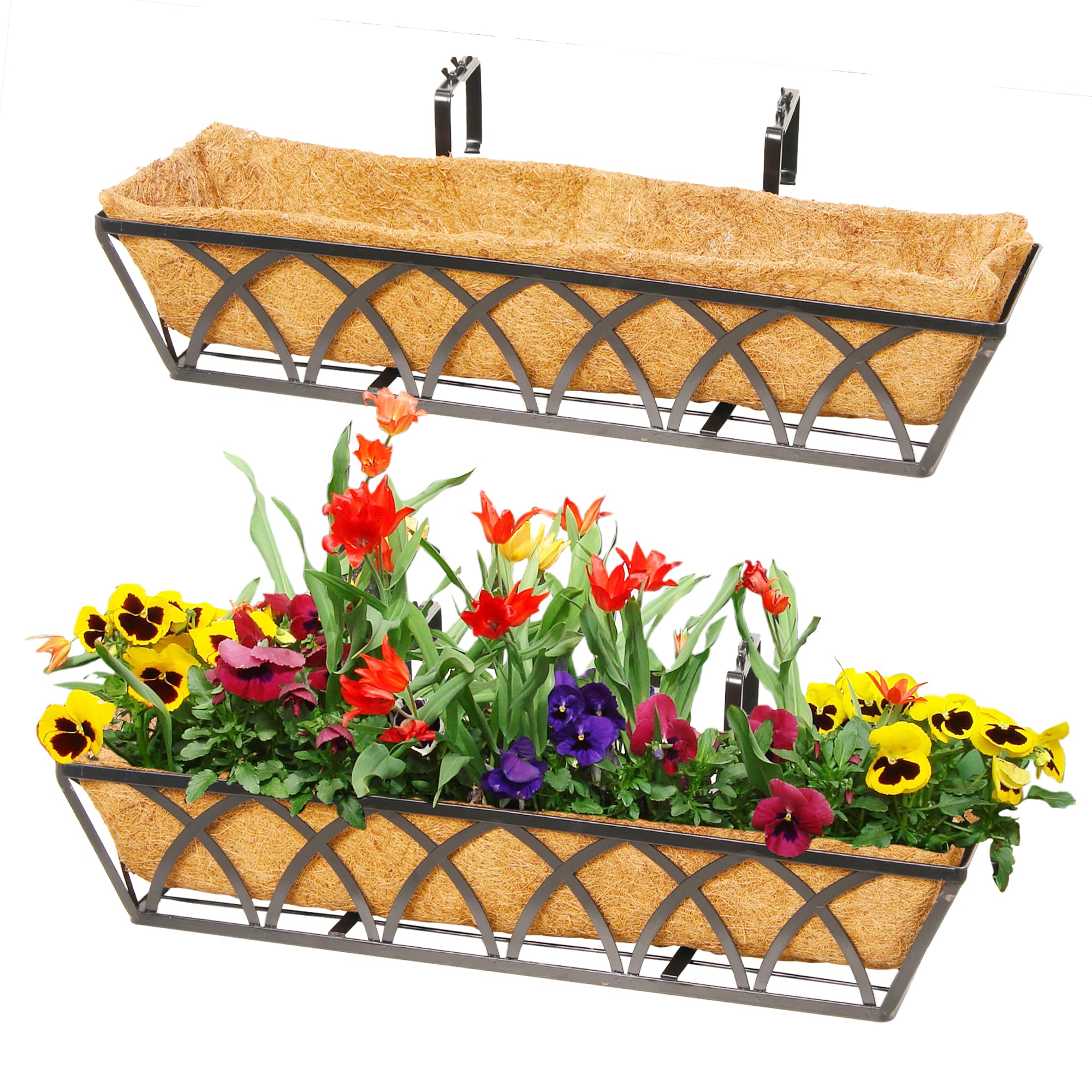 Photo 1 of 24 Inch Window Deck with Coco Liner, 24" Window Boxes Horse Trough with Coconut Coir Liner, Fence Metal Hanging Flower Planter Window Basket Deck Railing Planter Boxes for Outdoor Garden Lawn, 2pcs X shape 24in 2P
