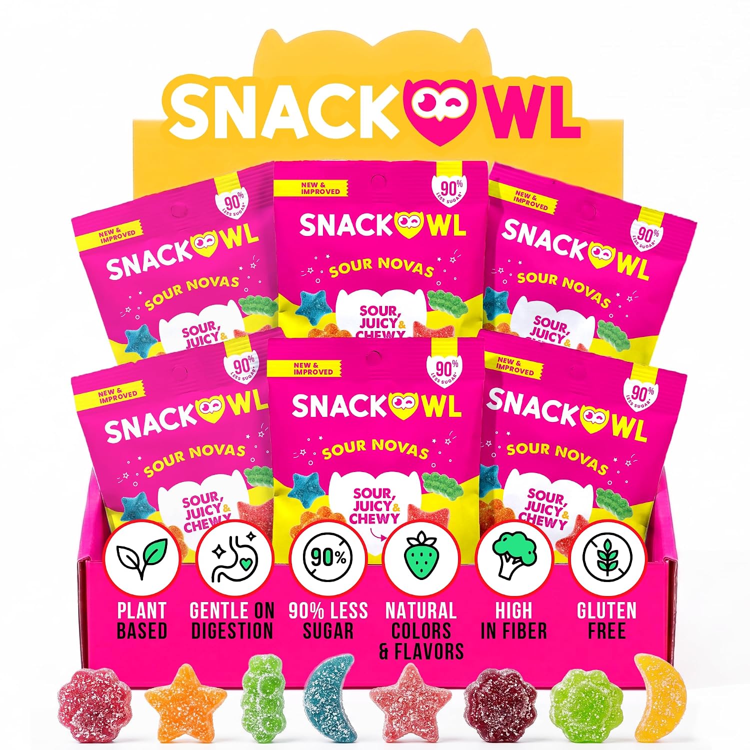 Snack Owl Vegan Sour Gummy Candy – Gluten Free, Low Calorie Candy - Guilt Free & Delicious Healthy Gummy Snacks (Sour Novas)