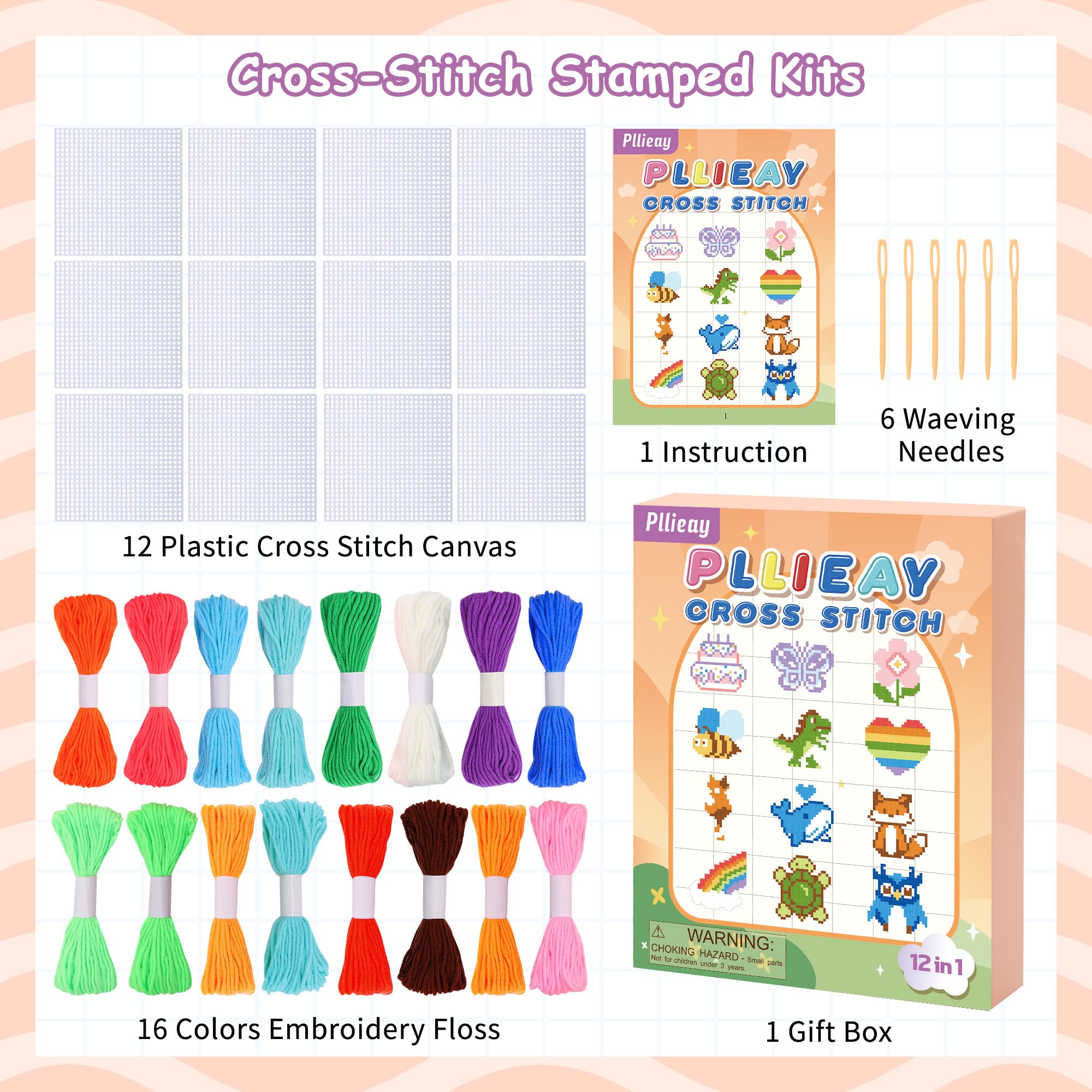 Pllieay Punto Croce Bambini 12-in-1 per Bambini, Kit di Ricamo Include 12 Pezzi di Tela in Plastica Vuota, 16 Fili, 6 Aghi da Ricamo, Kit Punto Croce per Principianti con Istruzion Set Punto Croce
