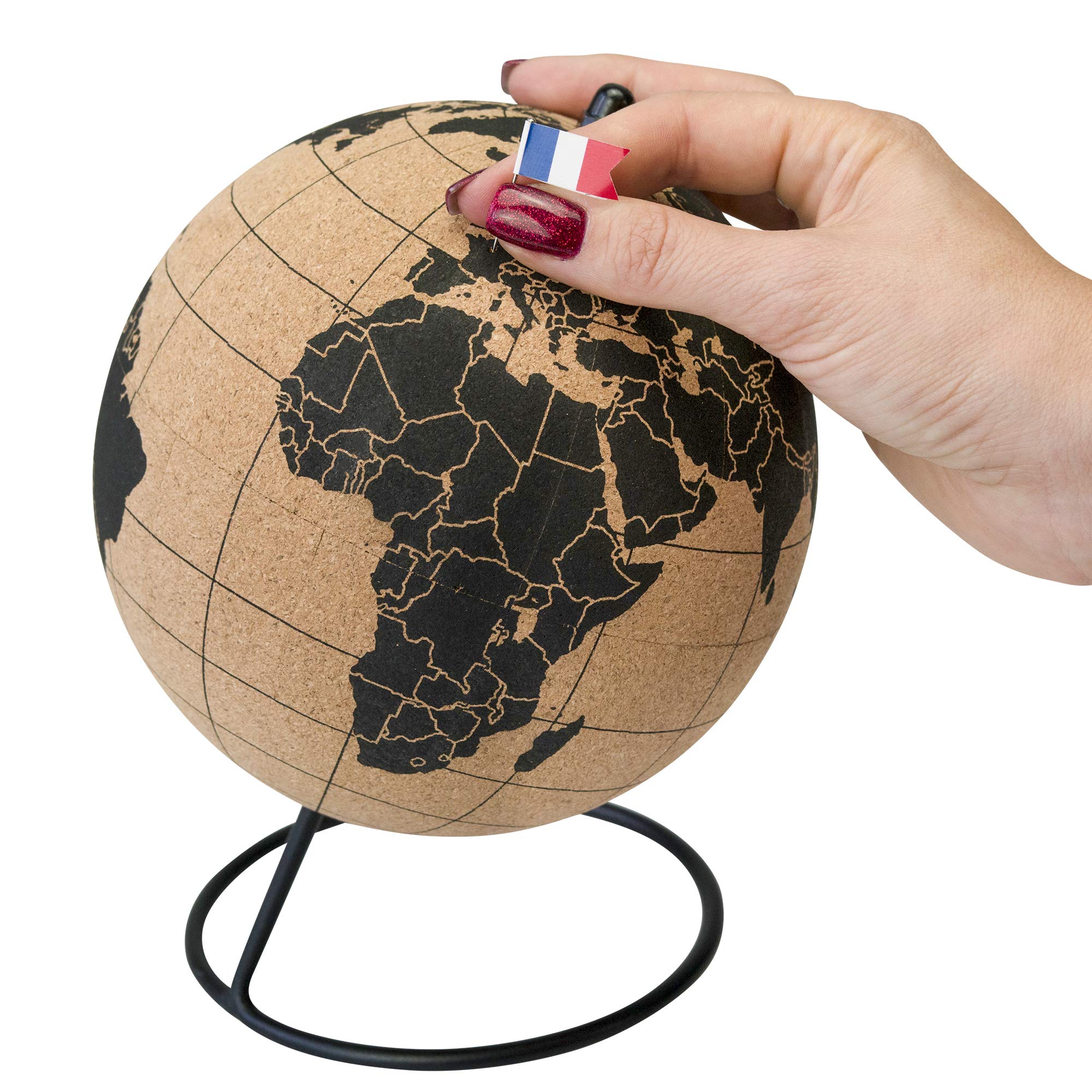Globo terráqueo con Corcho + 342 Banderas de países del Mundo - Pegatinas de Banderas con chinchetas por la educación y organización de Viajes - Globo 20 cm