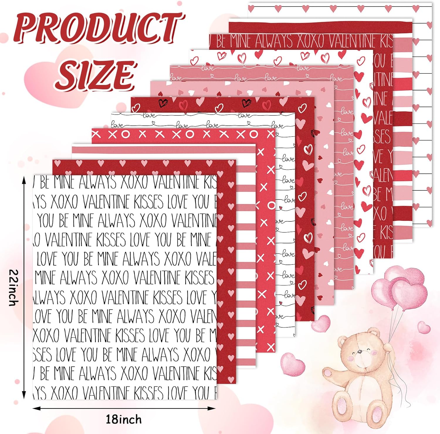 JarThenaAMCS 12Pcs Valentine Cotton Fabric Bundles 18 x 22 Inch Red Pink White Love Heart Fat Quarters Romantic Sewing Fabrics for DIY Craft Party Decor