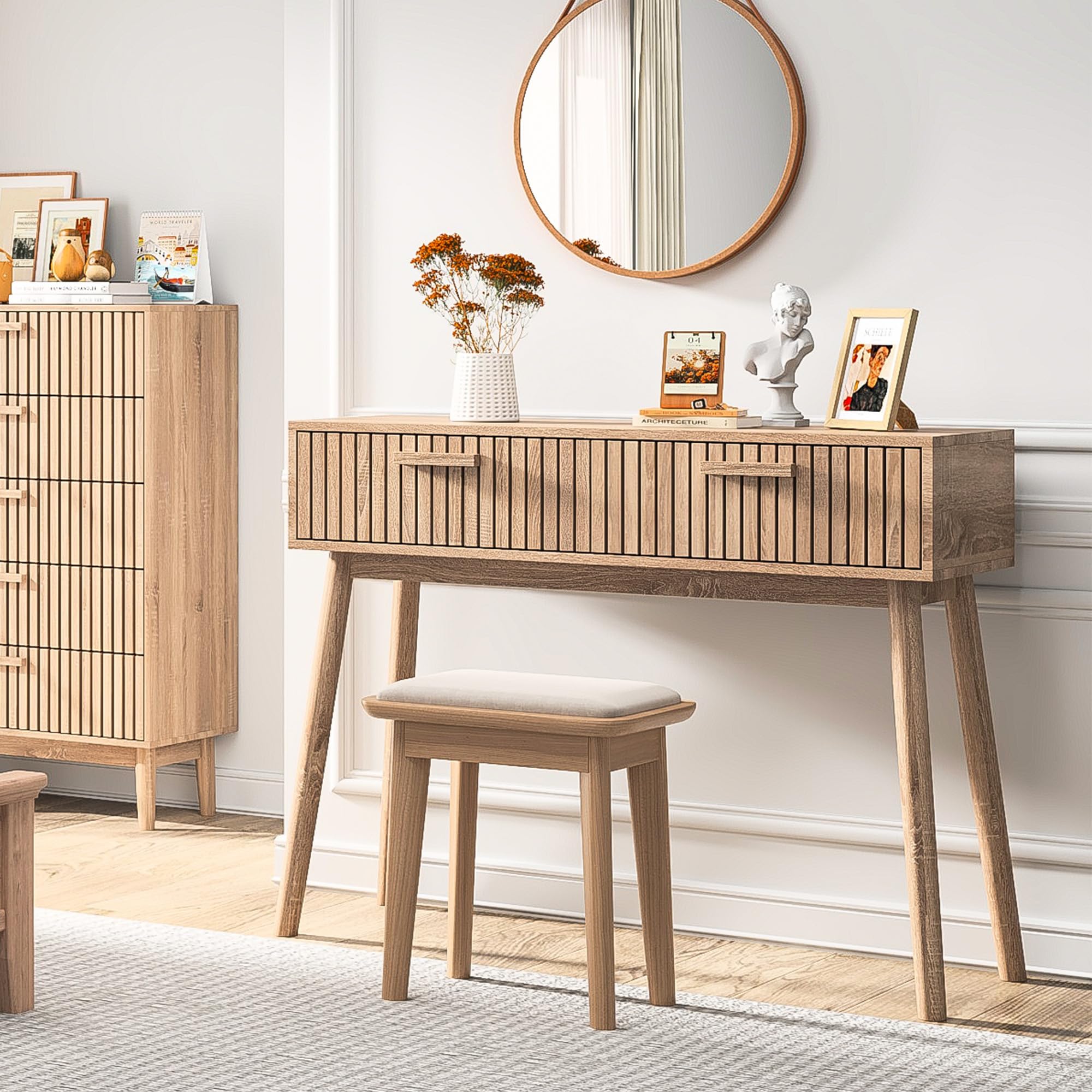 Tavolo Consolle Con 2 Cassetti, Tavolino Stretto per Ingresso, Mobile Accento in Legno per Corridoio, Soggiorno, Camera Da Letto, Naturale