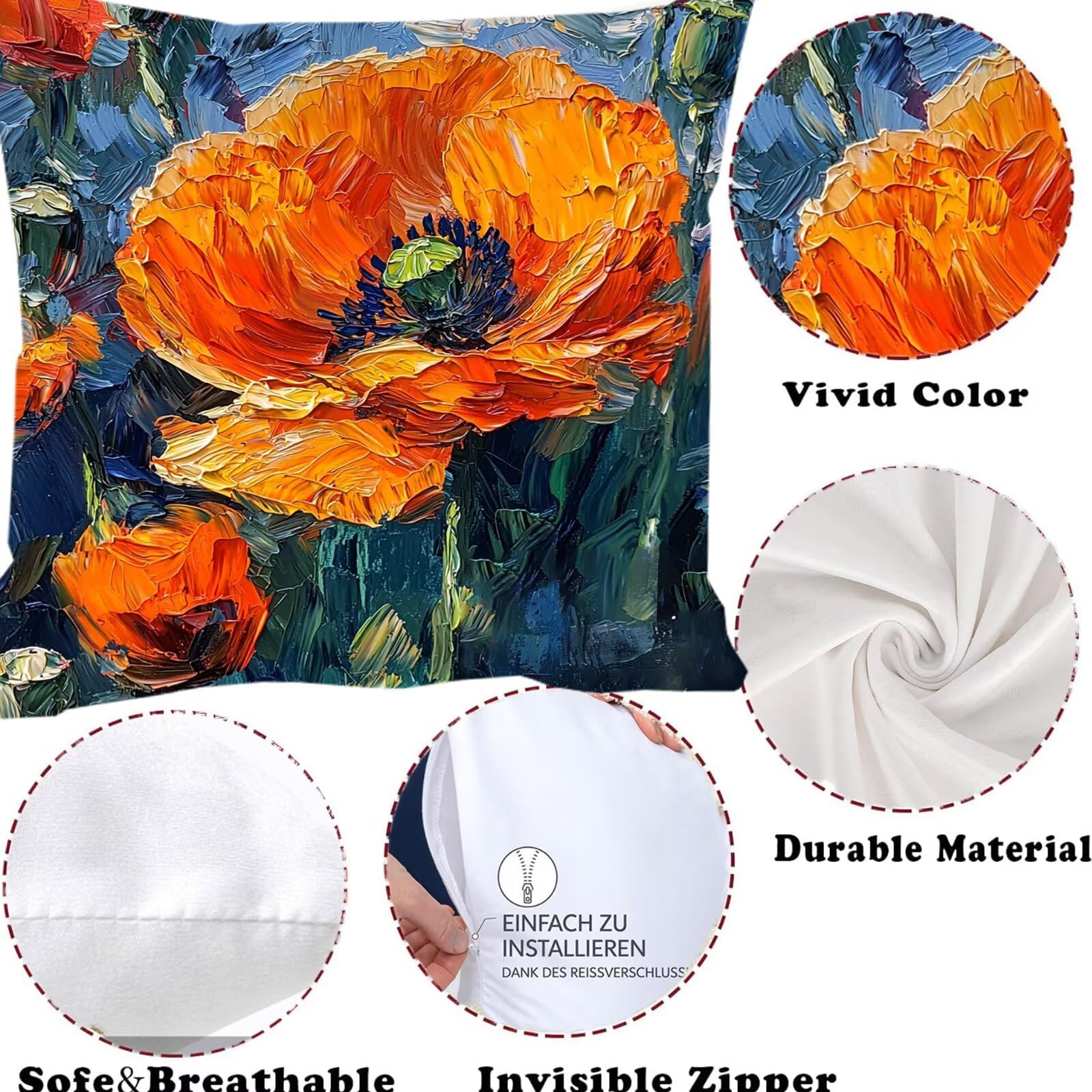 Lot de 4 Housses de Coussin Canapé 55x55cm Décoratives Double Face Taie d'oreiller en Velours Peinture Coussin Carré Fleurs 1 Taie d'oreiller pour Chambre, Bureau, Salon Canapé Voiture Ferme F0P-6