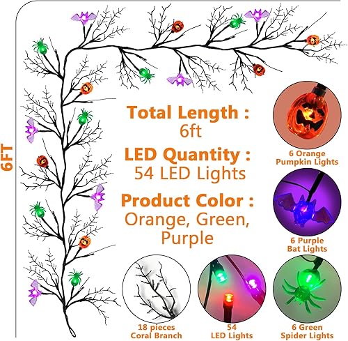 Miniatura 3 de 8 modos y temporizador Guirnalda de 6 pies con 54 luces LED de sauce de Halloween con 6 murciélagos, calabazas y arañas, impermeable, funciona con