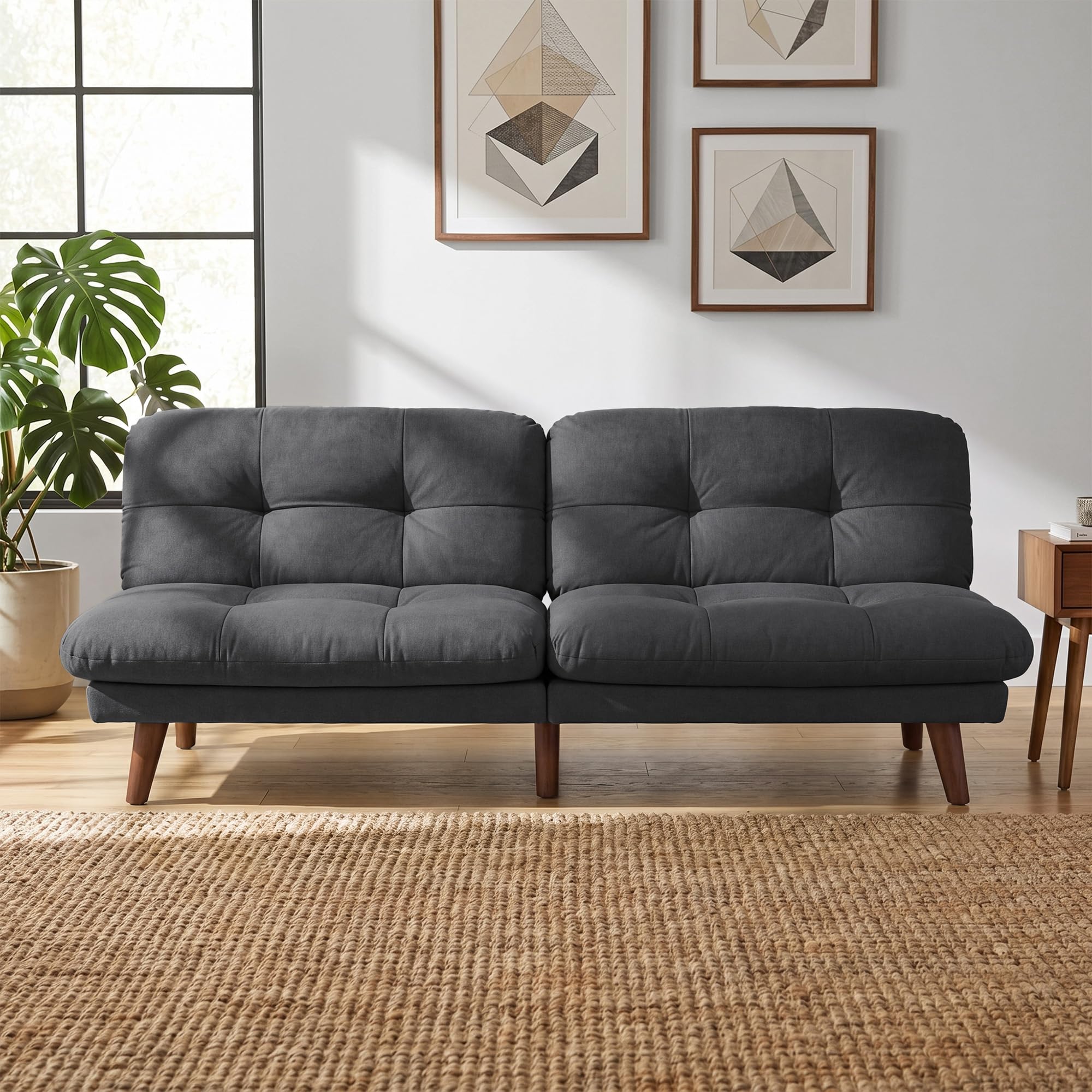 Flamaker 67'' Futon Sofa Bed, Modern Grey Linen Convertible Futon Couch | Folding Futon Set with Adjustable Backrest, Solid Wood Frame Loveseat, Recliner Lounge for Living Room, Apartment & Office