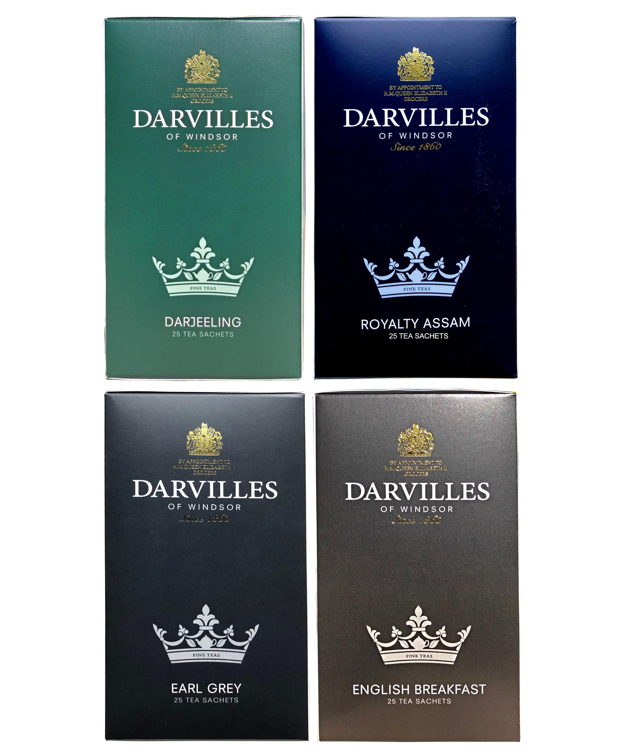 DARVILLES of WINDSOR - 100 Teabag Variety Mixed Collection Pack - 4 x 25 individually wrapped tag and envelope teabags - Royalty Assam, English Breakfast, Earl Grey & Darjeeling