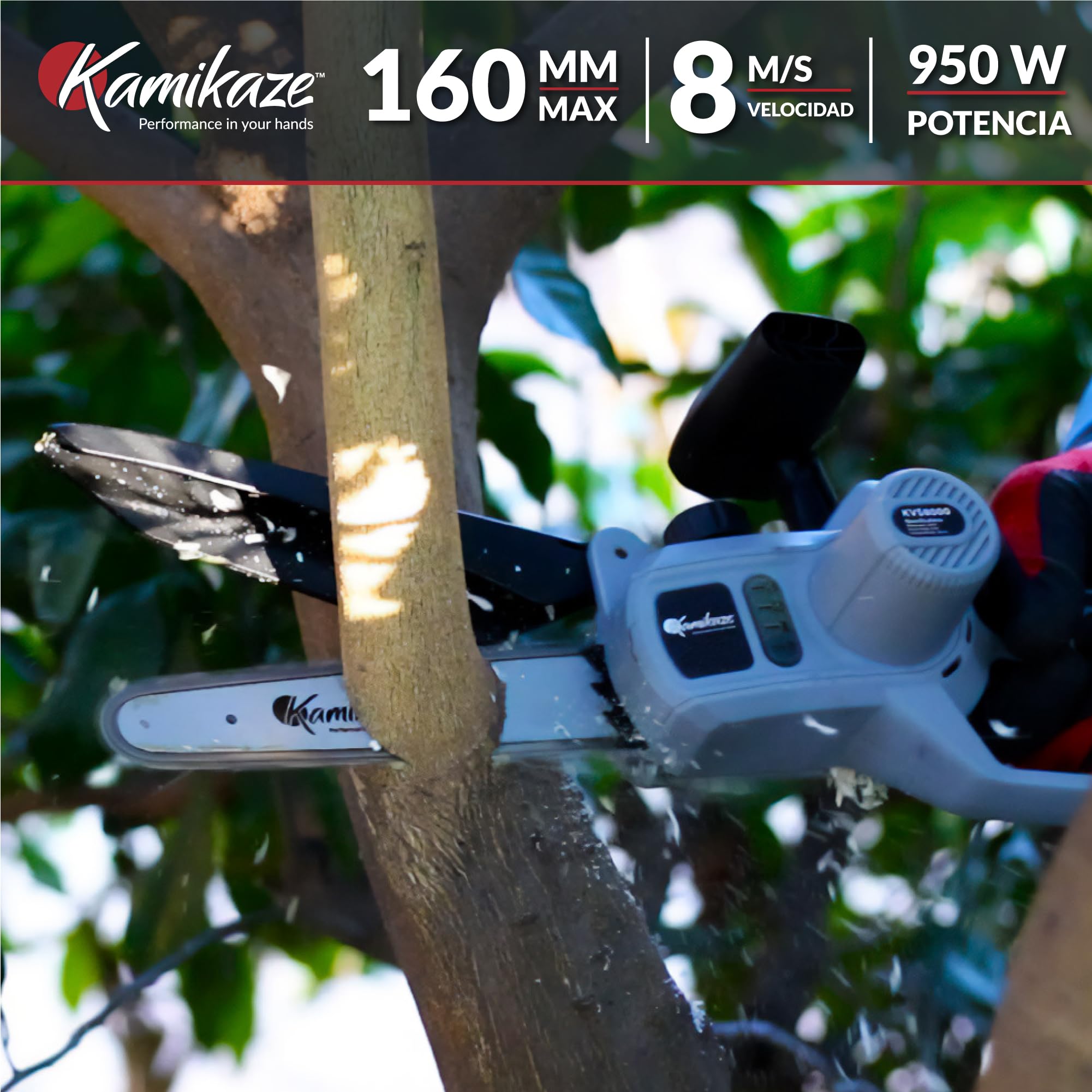 KAMIKAZE Mini Motosierra Eléctrica a Batería - Portátil, 300W, 2 Baterías de 21V 4Ah, Carga Rápida, Mango Ergonómico, Sistema de Seguridad, Corte Ø160mm, Incluye Maletín y Aceite Lubricante