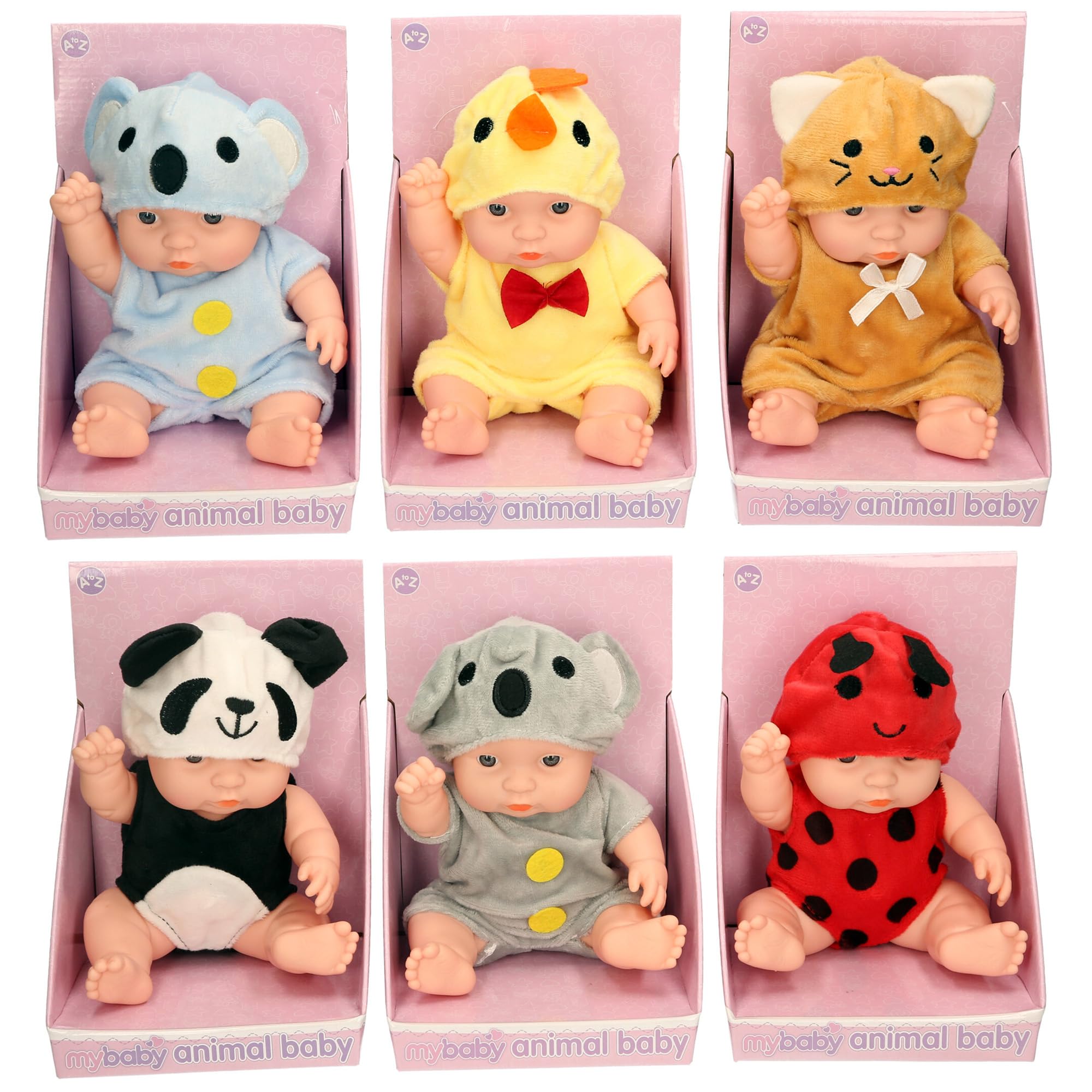 Atoz Animal Baby Dolls Collection, Set of 6 Plush Character Outfits, Koala, Chick, Cat, Panda, Grey Koala, Ladybird
