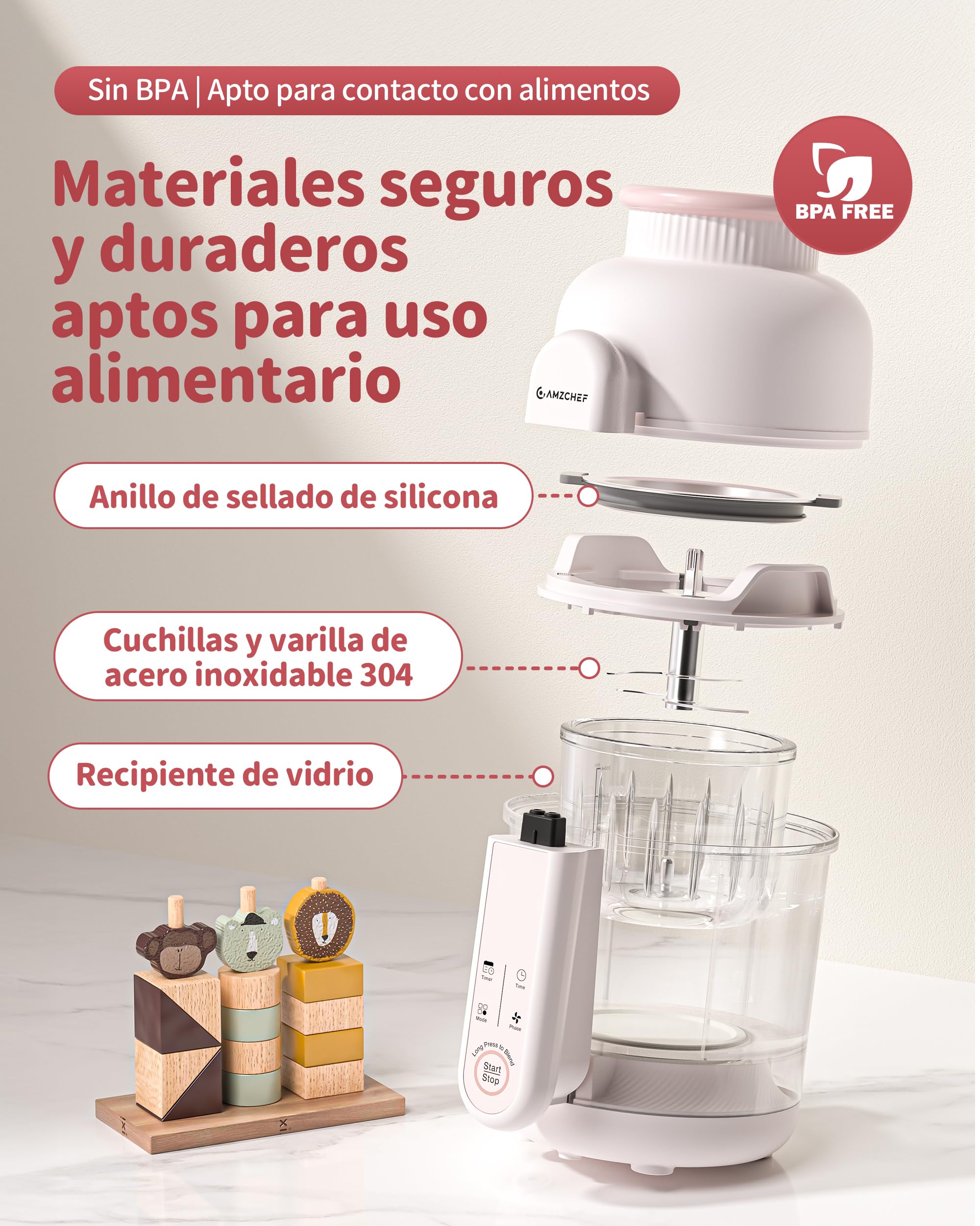 AMZCHEF Robot de cocina para bebé 6-en-1 Vaporera & Licuadora – Programas por Etapas de Edad 1–5, Libre de BPA – Cocinar al Vapor, Triturar, Puré, Descongelar, Auto-Limpieza – Control Táctil