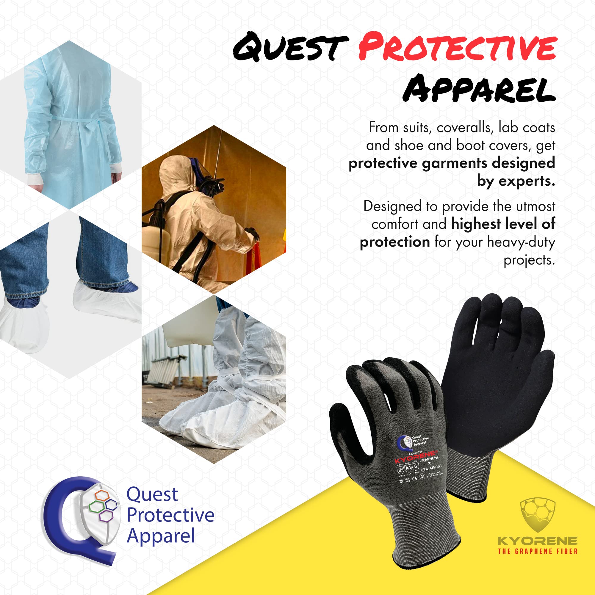 Quest Protective Apparel Powered By Kyorene - Guantes resistentes a los cortes - Guantes de trabajo protectores - Guantes de trabajo con agarre de grafeno (12, extragrandes)