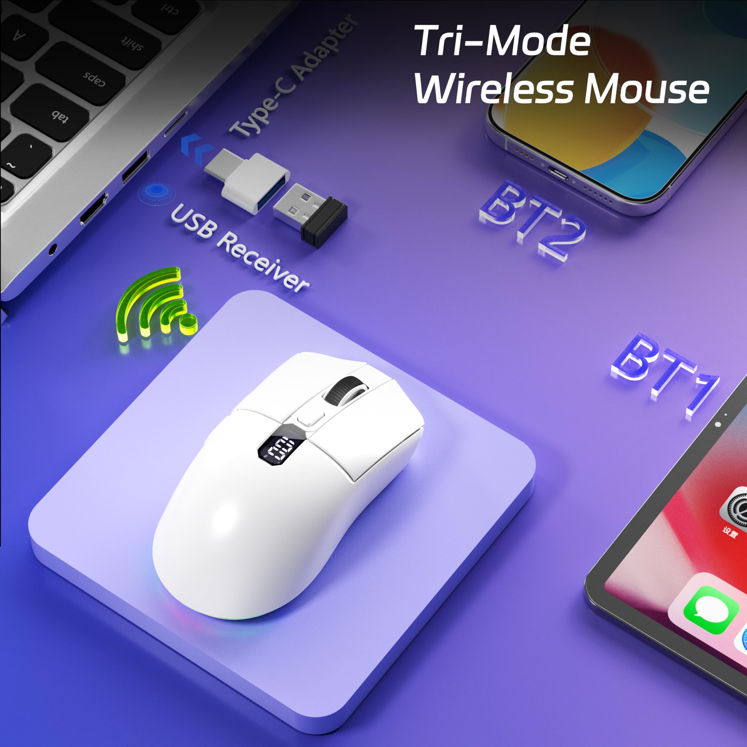 Close-up of the Uciefy wireless mouse showing its LED display indicating battery level and DPI setting.