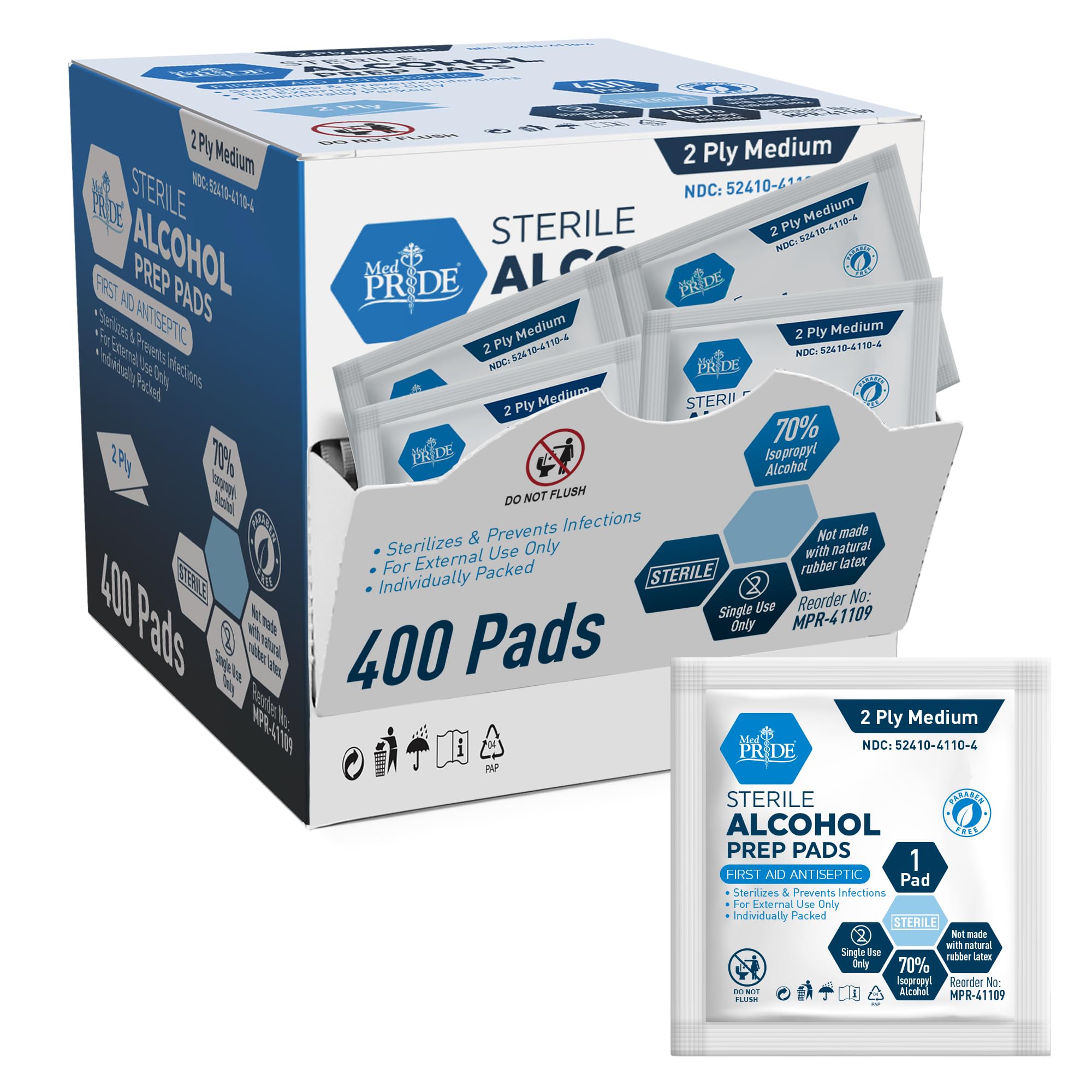 MED Pride Alcohol Prep Pads, Medical-Grade, Sterile, Individually-Wrapped, Medium Square Size, 2ply (400 Count (Pack of 1))