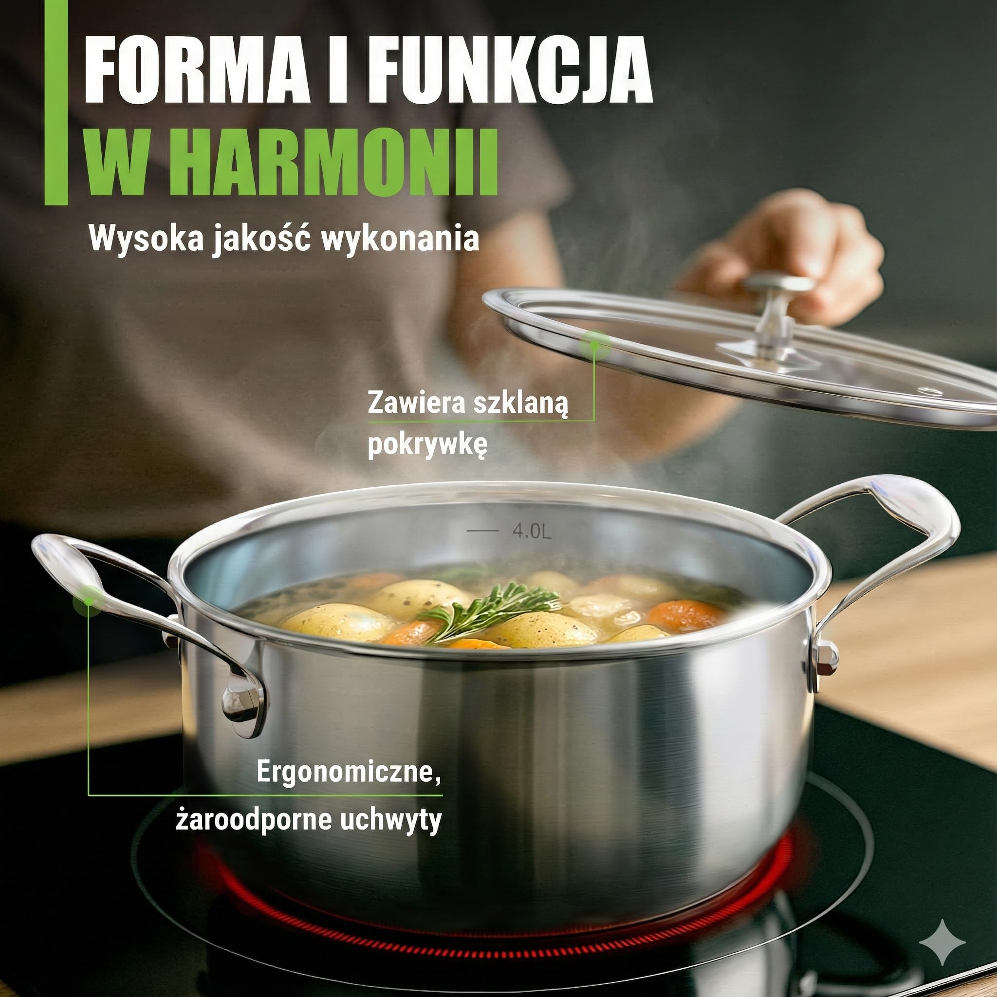 Garnek do zupy Ø 20 x 10 cm 3 l - 1,8 kg - garnek ze stali nierdzewnej nadaje się do kuchenek indukcyjnych, nadaje się do mycia w zmywarce - nowoczesna płaska szklana pokrywka - 5-warstwowa