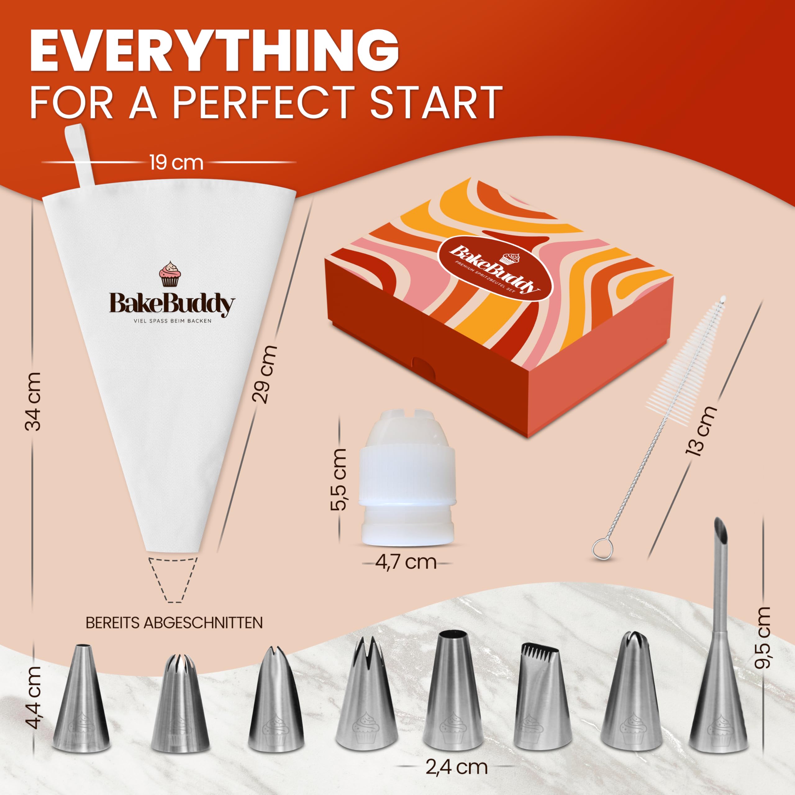 Premium Zestaw Rękaw Cukierniczy (11 el.) – Bawełniany Worek do Dekoracji (35 cm) + Tylki ze Stali Nierdzewnej – Wielorazowy, do Zmywarki, Adapter & Pudełko Prezentowe