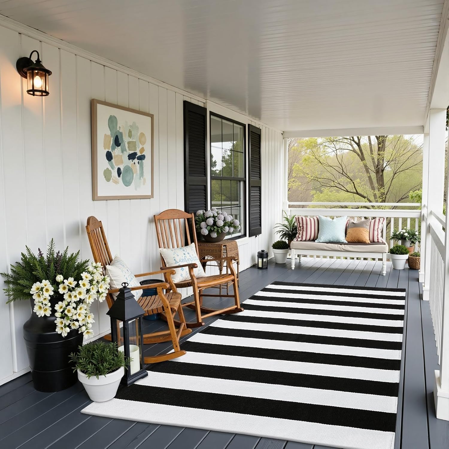 OLANLY Black and White Striped Rug 3' x 5' – Washable Cotton Indoor Outdoor Doormat for Front Door, Entryway, Kitchen, Porch, Patio Decor