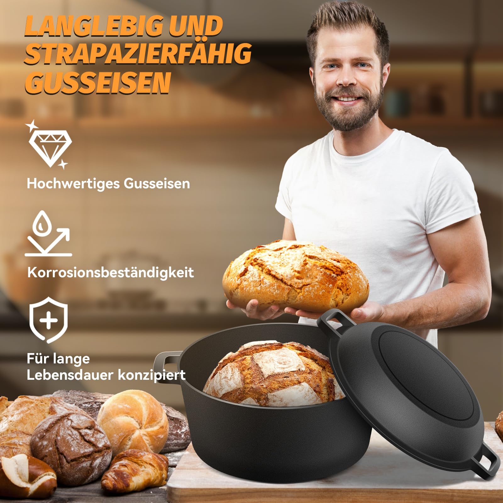NZQXJXZ Gusseisen Topf Brot Backen Dutch Oven für Brotbacken, 26cm Brotbackform mit Banneton Brot Gärkorb Sauerteig Brotbacken Zubehör, 2-in-1 Brotbacktopf mit Pfanne Deckel Kochen Pan