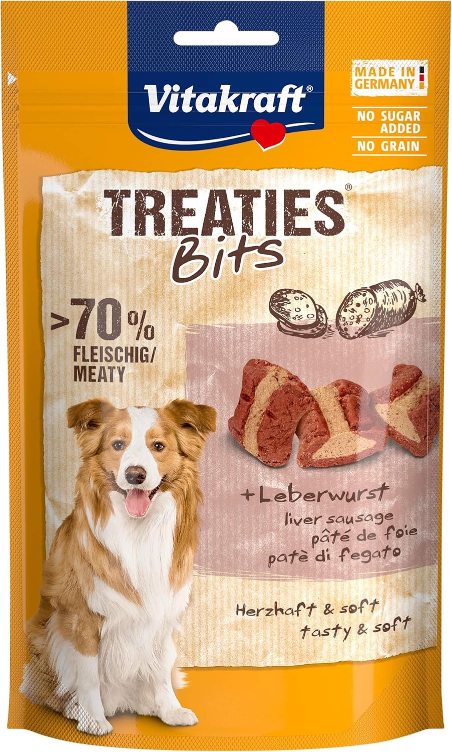 Vitakraft Treaties Bits, Hundeleckerli, Hundesnack weich, gefüllt mit Leberwurst, Hunde Trainingsleckerli, ohne Zusatz von Zucker (1x 120g)