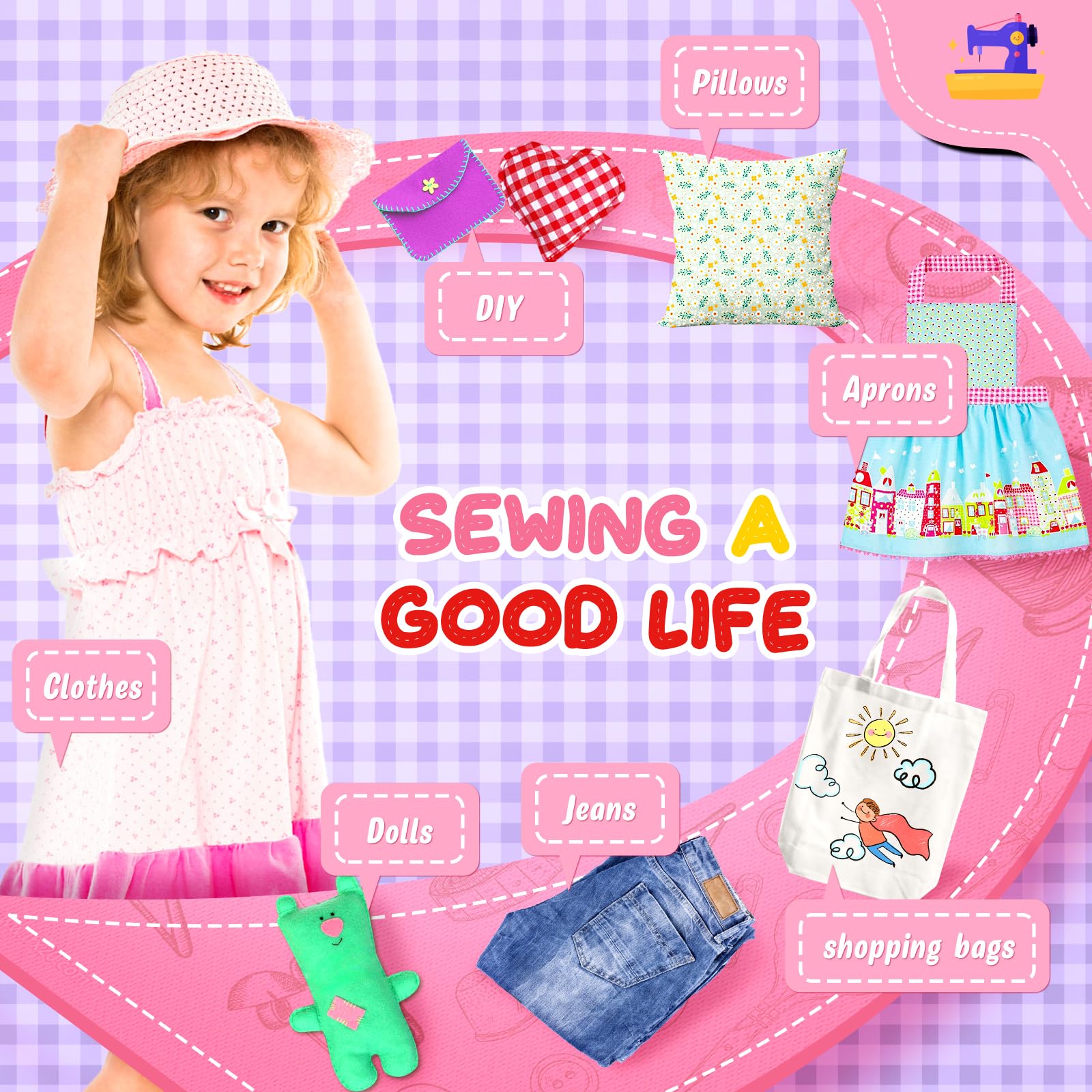 Mini máquina de coser con kit de costura de 118 piezas para principiantes, máquina de coser portátil de doble velocidad con luz y protector de dedos (morado)